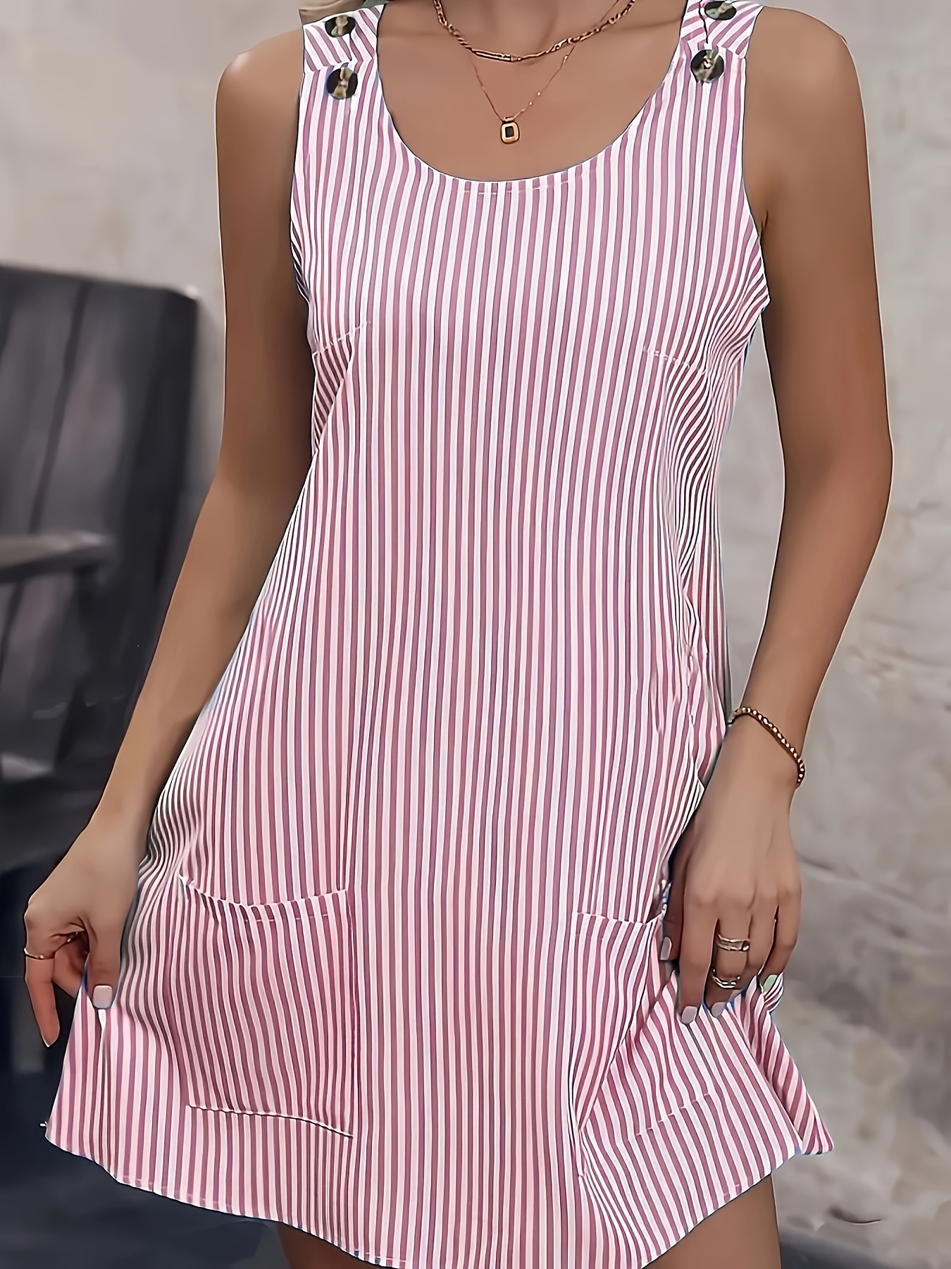 plus size stripe print button decor tank dress casual sleeveless dress for spring summer womens plus size clothing details 4