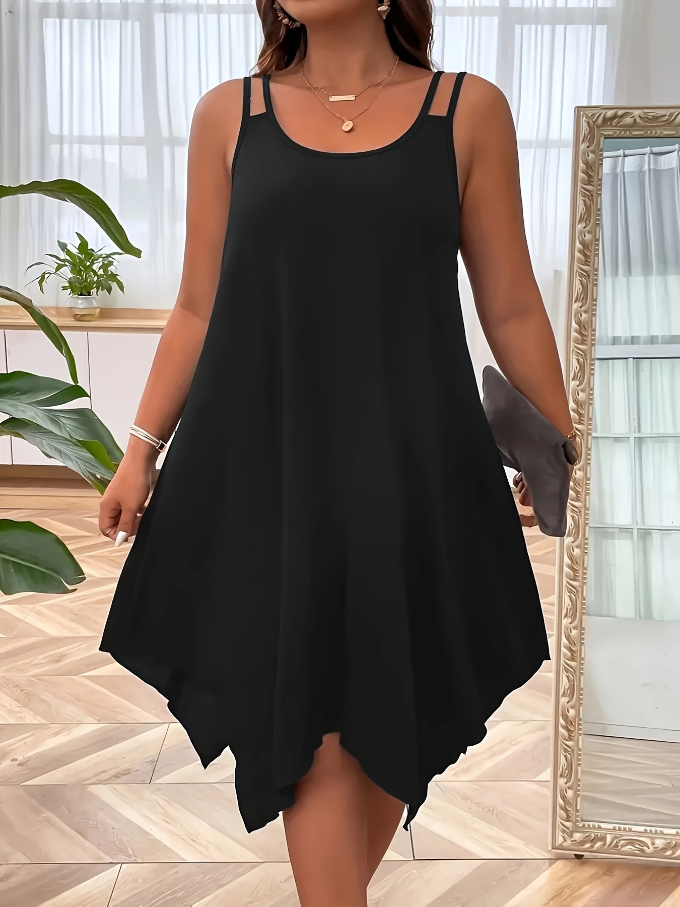 plus size solid asymmetrical hem cami dress elegant sleeveless crew neck dual strap dress for spring summer womens plus size clothing details 1