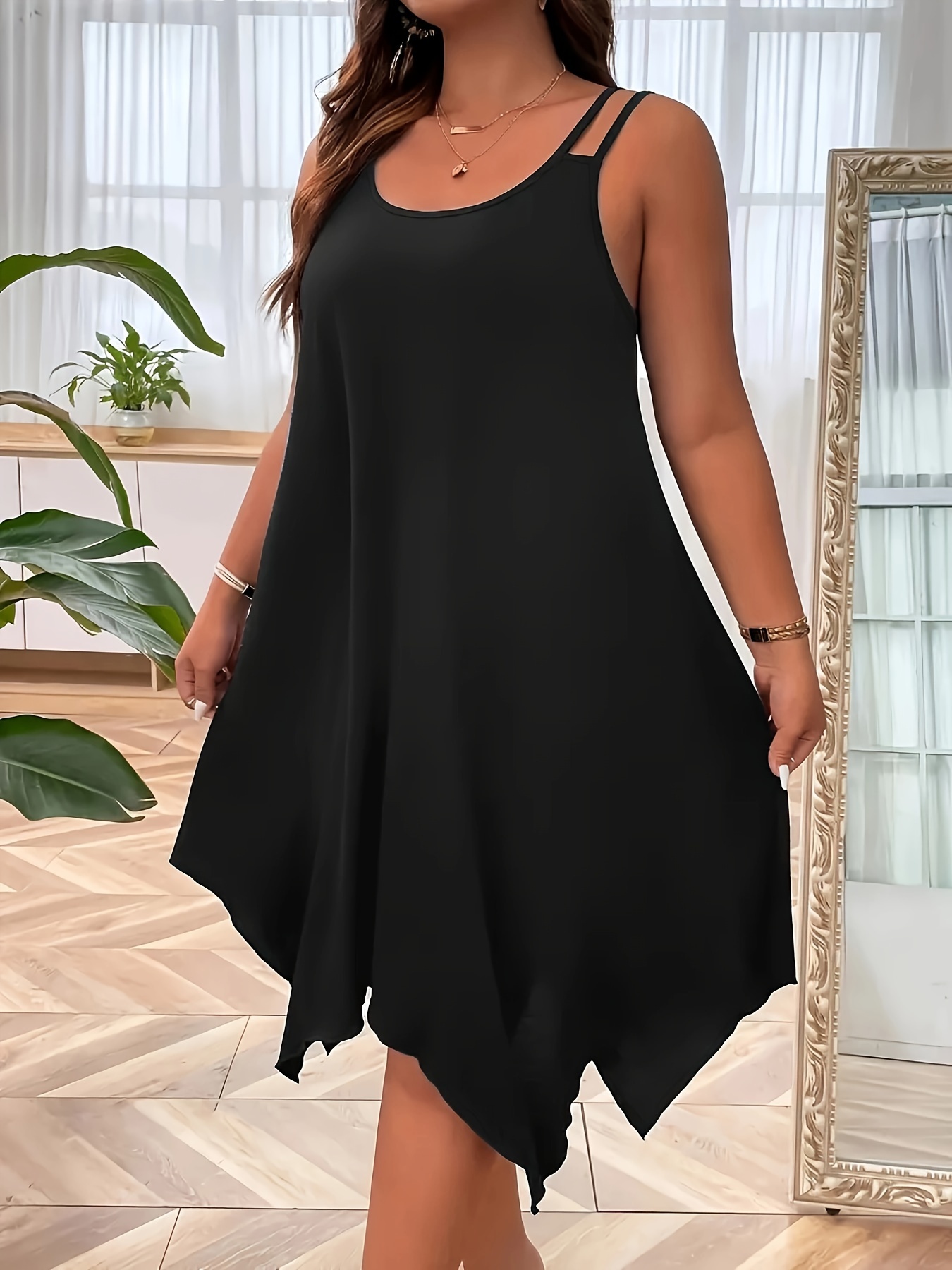 plus size solid asymmetrical hem cami dress elegant sleeveless crew neck dual strap dress for spring summer womens plus size clothing details 2