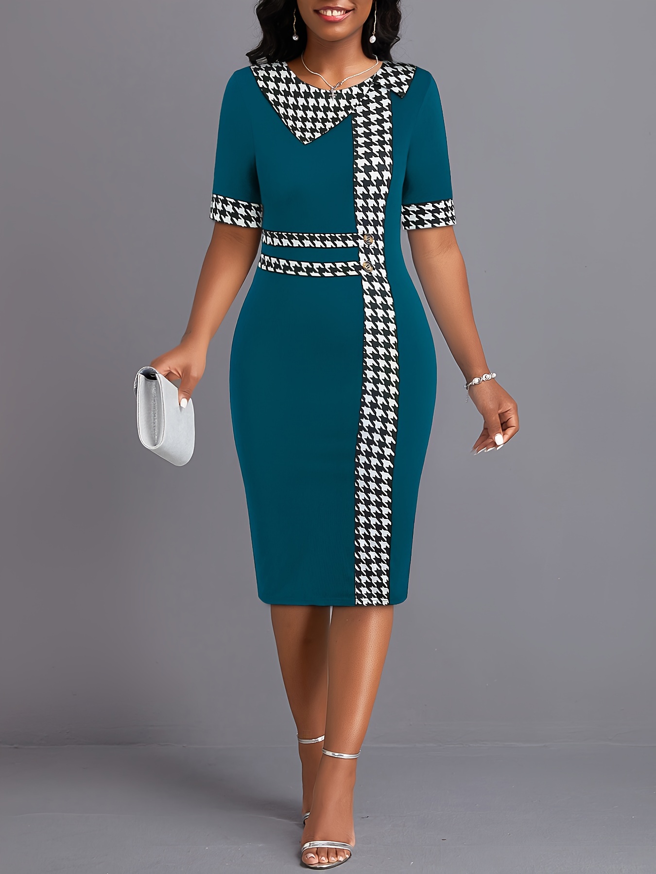 womens elegant dress plus size colorblock houndstooth print button decor short sleeve round neck bodycon midi dress details 0