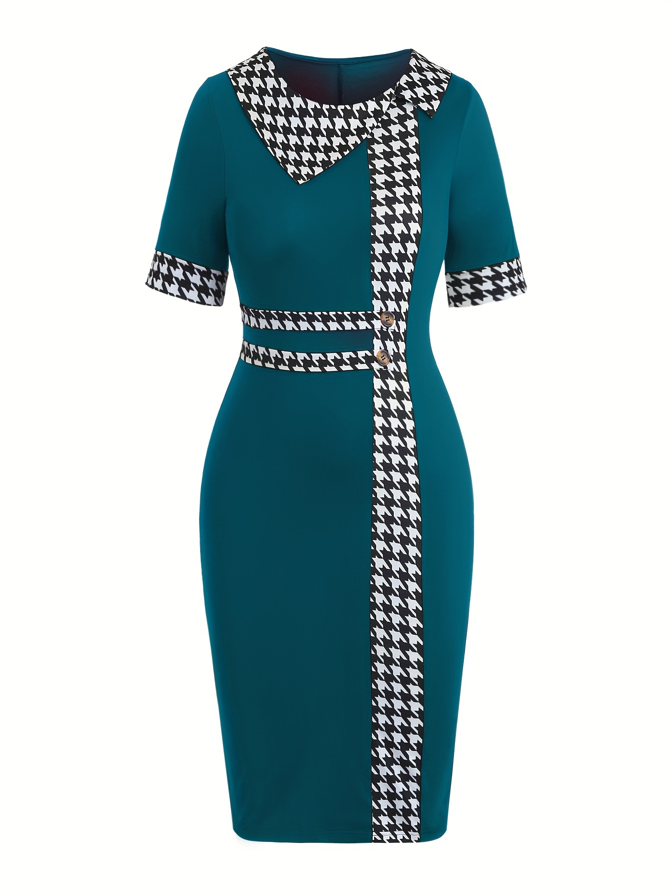 womens elegant dress plus size colorblock houndstooth print button decor short sleeve round neck bodycon midi dress details 1