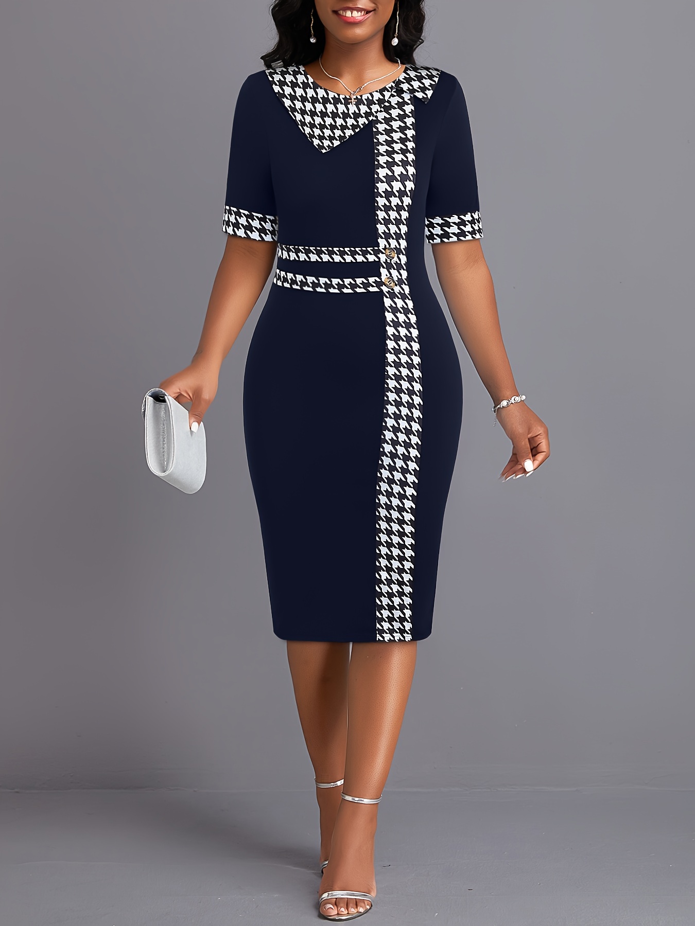 womens elegant dress plus size colorblock houndstooth print button decor short sleeve round neck bodycon midi dress details 3