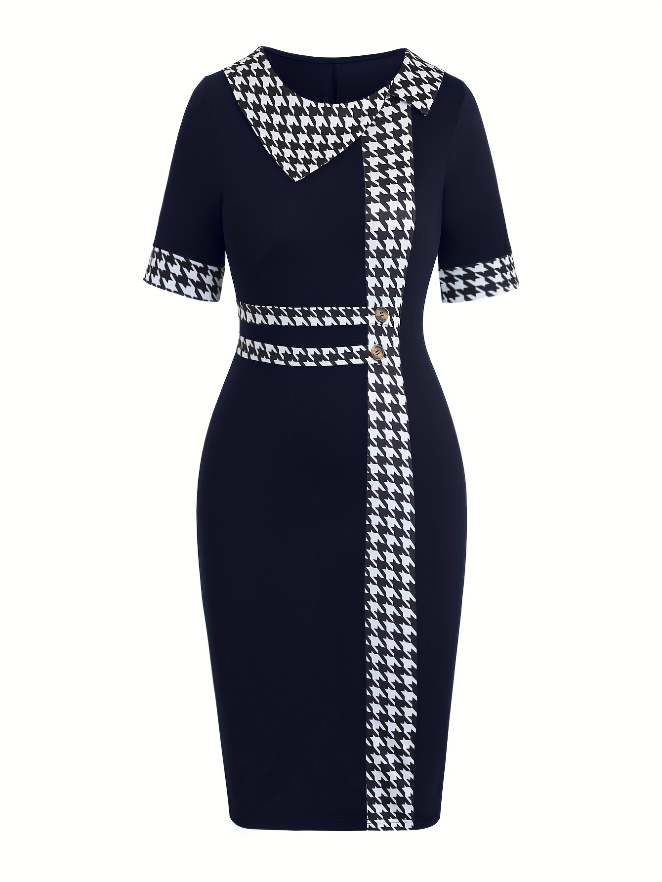 womens elegant dress plus size colorblock houndstooth print button decor short sleeve round neck bodycon midi dress details 4