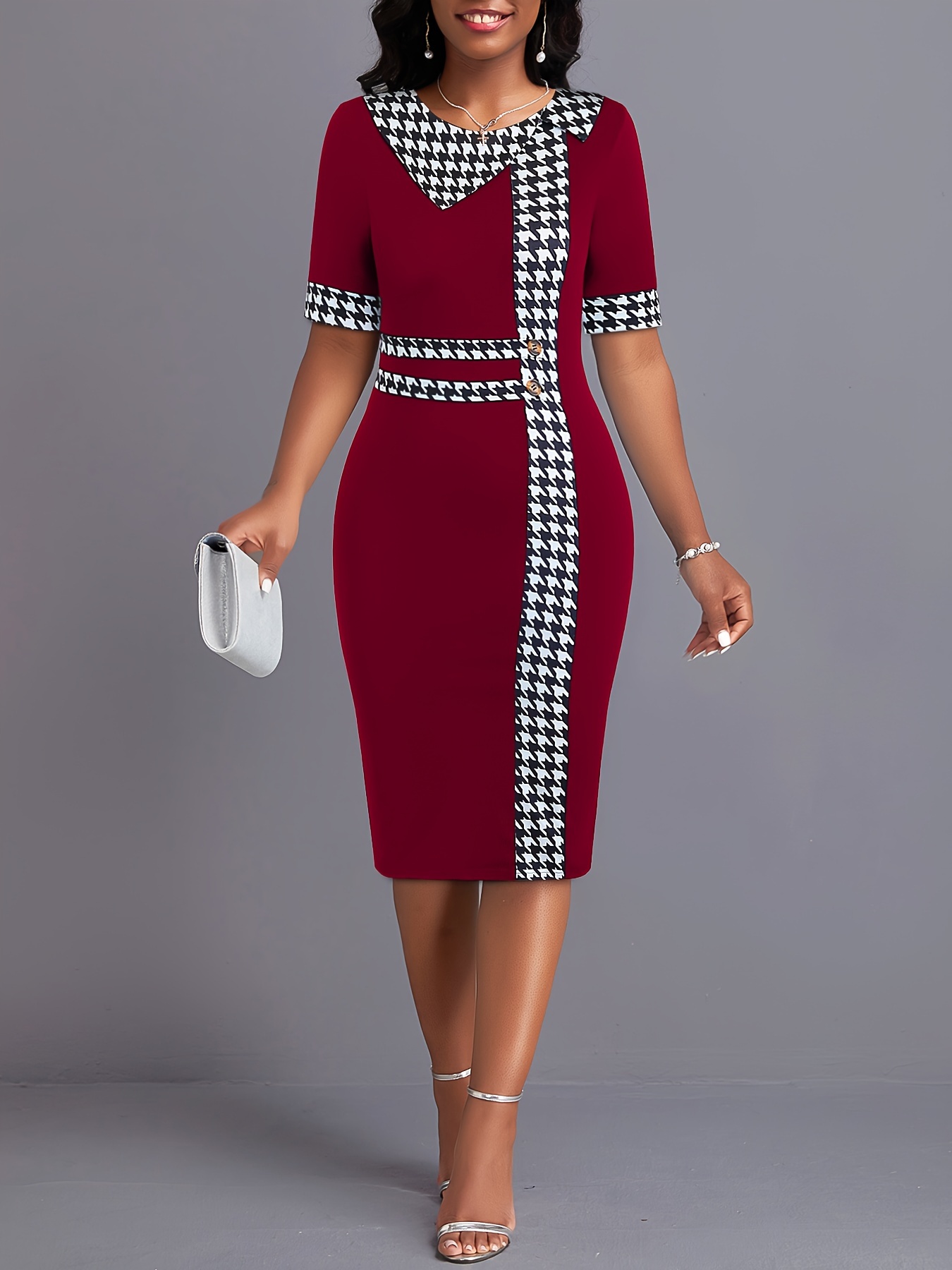 womens elegant dress plus size colorblock houndstooth print button decor short sleeve round neck bodycon midi dress details 6