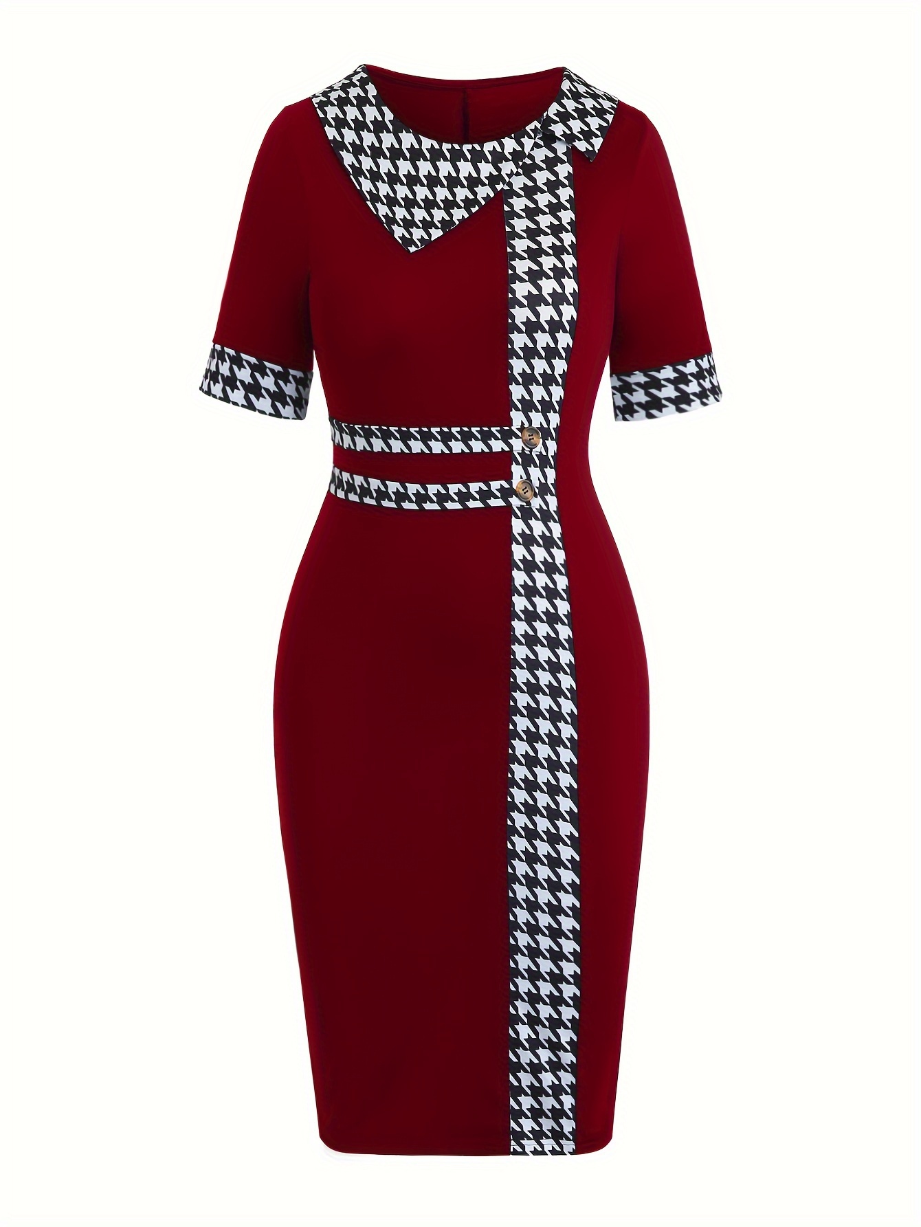 womens elegant dress plus size colorblock houndstooth print button decor short sleeve round neck bodycon midi dress details 7