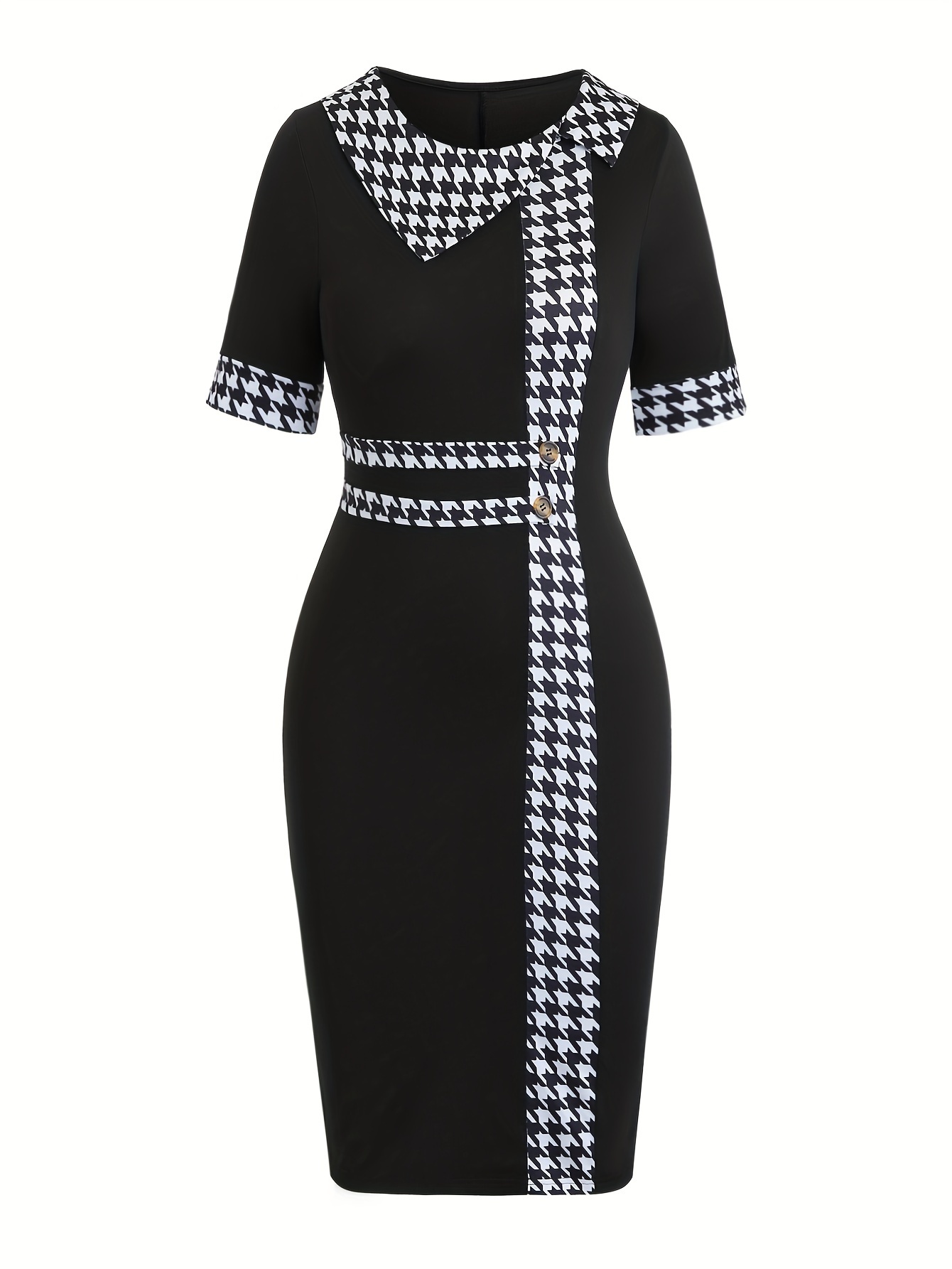 womens elegant dress plus size colorblock houndstooth print button decor short sleeve round neck bodycon midi dress details 9