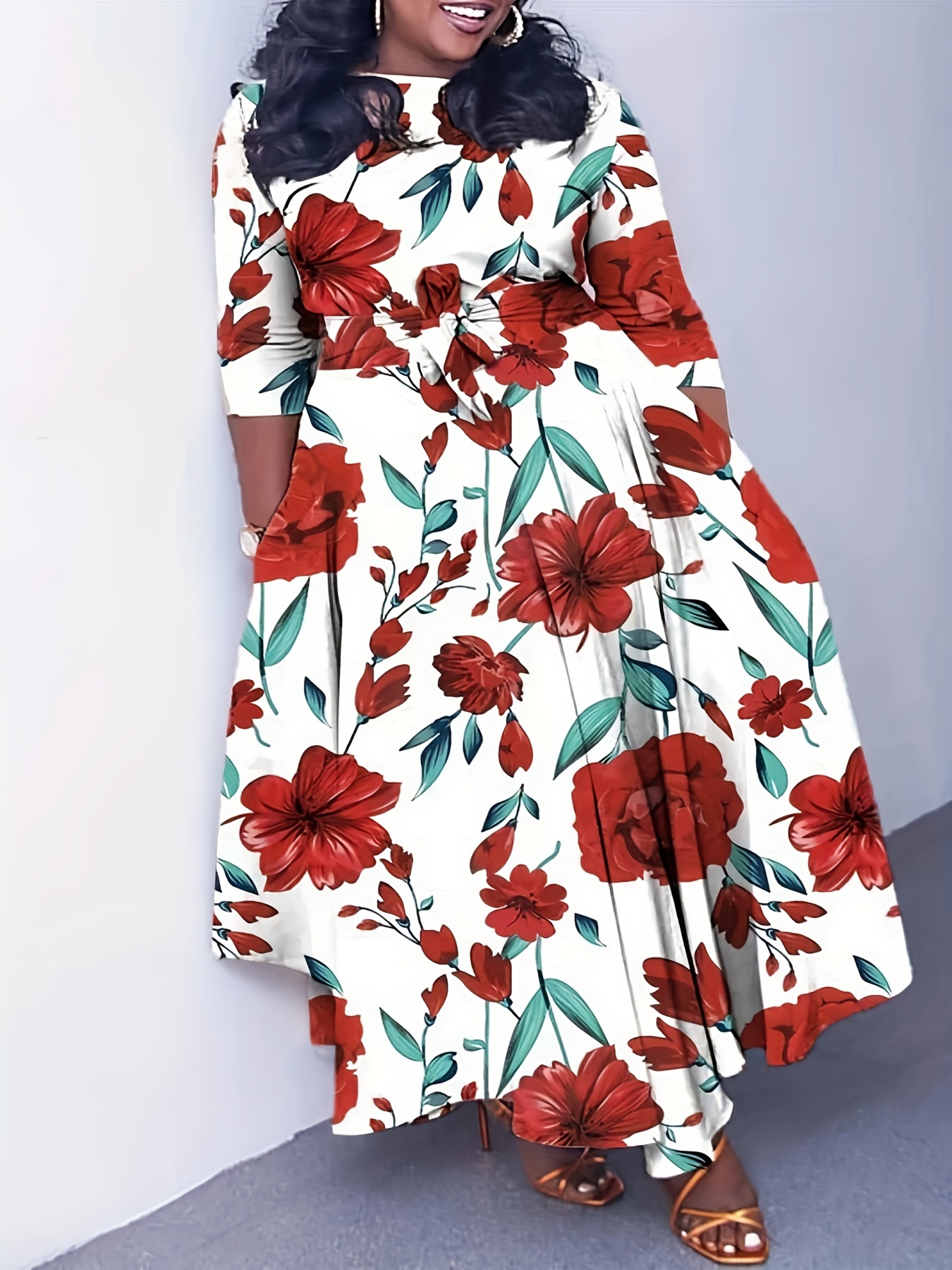 plus size all over print tie waist dress elegant 3 4 sleeve dress for spring summer womens plus size clothing details 13