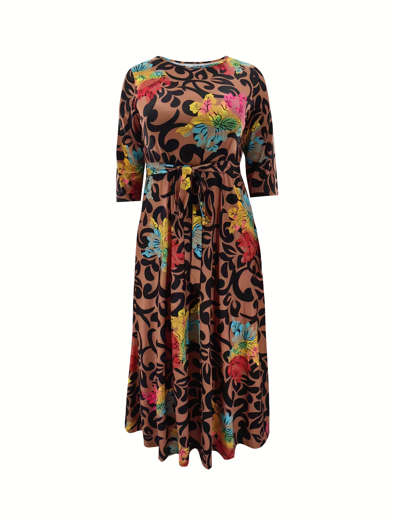 plus size all over print tie waist dress elegant 3 4 sleeve dress for spring summer womens plus size clothing details 20