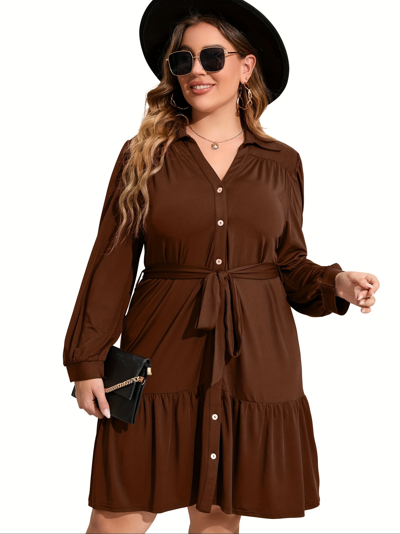 plus size button front shirt dress casual belted v neck long sleeve ruffle hem dress womens plus size clothing details 0