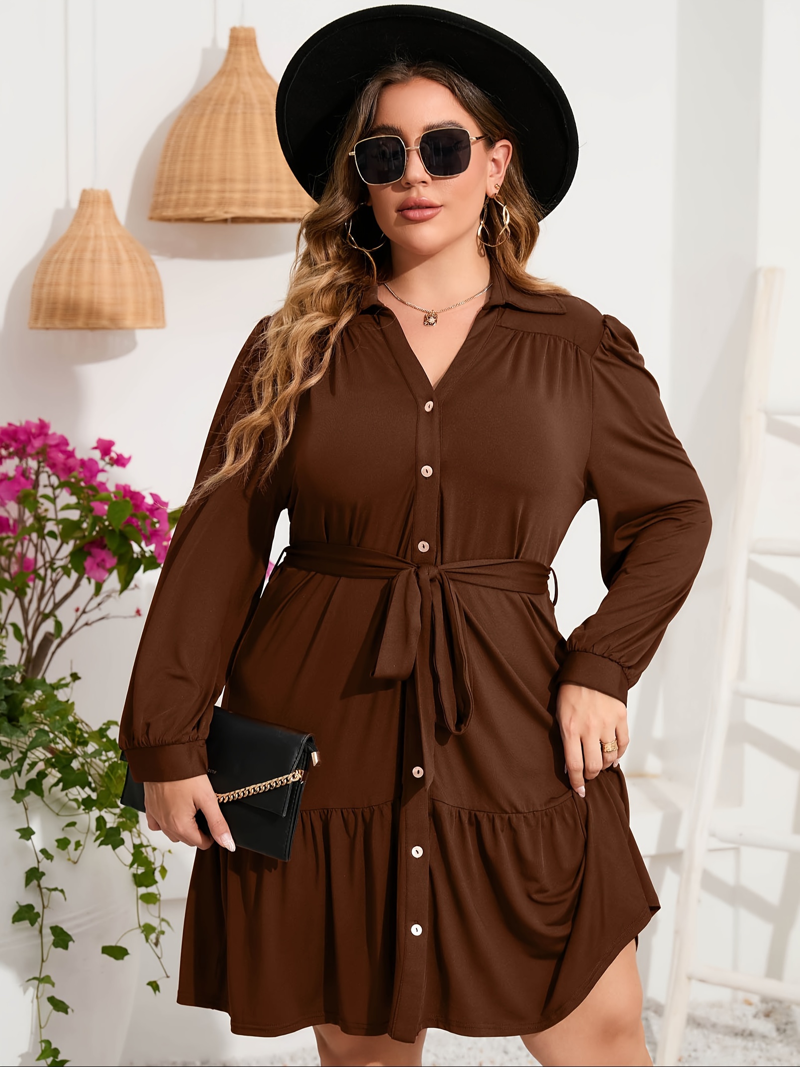 plus size button front shirt dress casual belted v neck long sleeve ruffle hem dress womens plus size clothing details 1