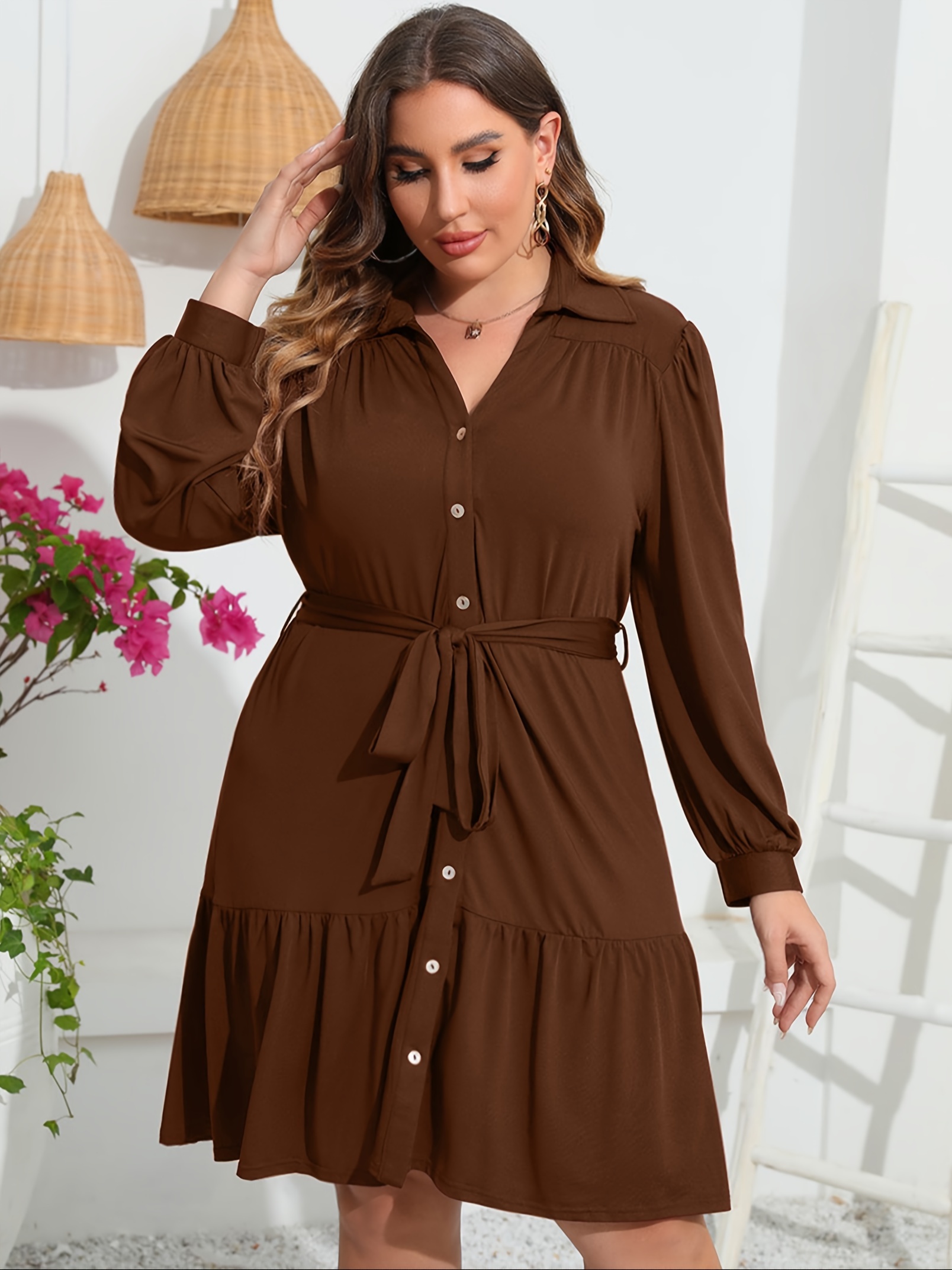 plus size button front shirt dress casual belted v neck long sleeve ruffle hem dress womens plus size clothing details 2