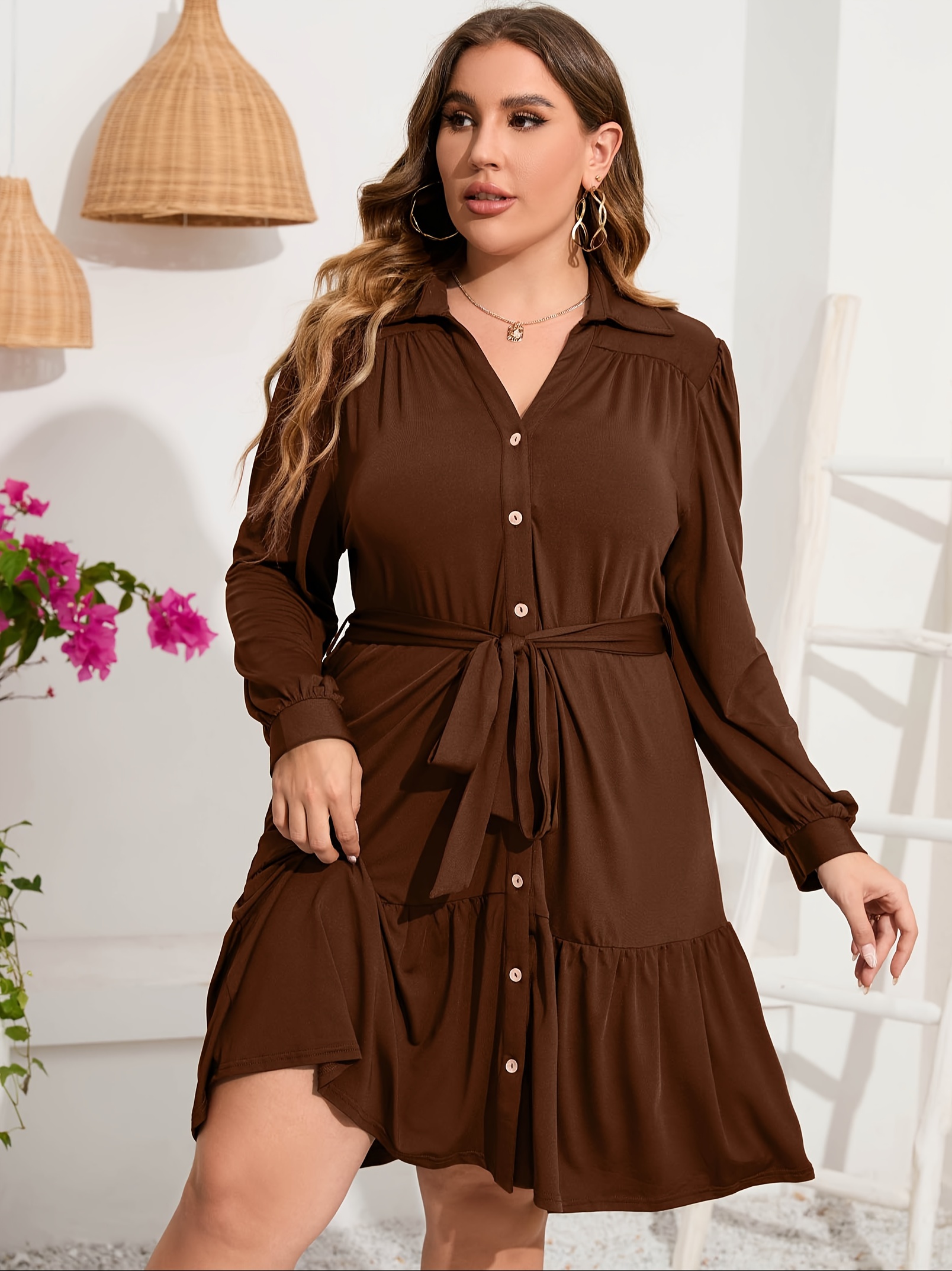 plus size button front shirt dress casual belted v neck long sleeve ruffle hem dress womens plus size clothing details 4