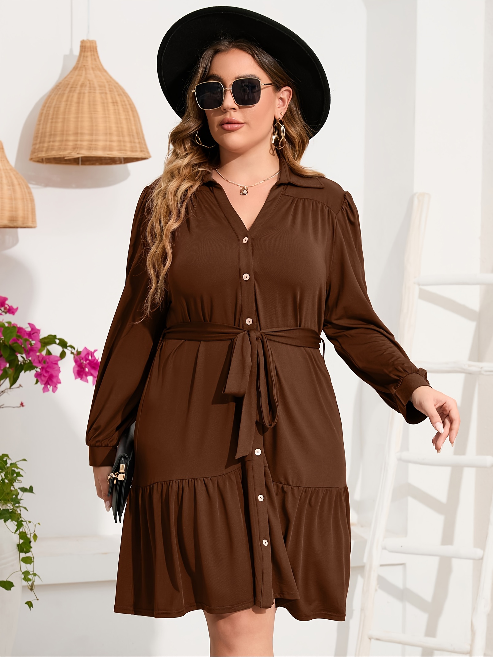 plus size button front shirt dress casual belted v neck long sleeve ruffle hem dress womens plus size clothing details 5