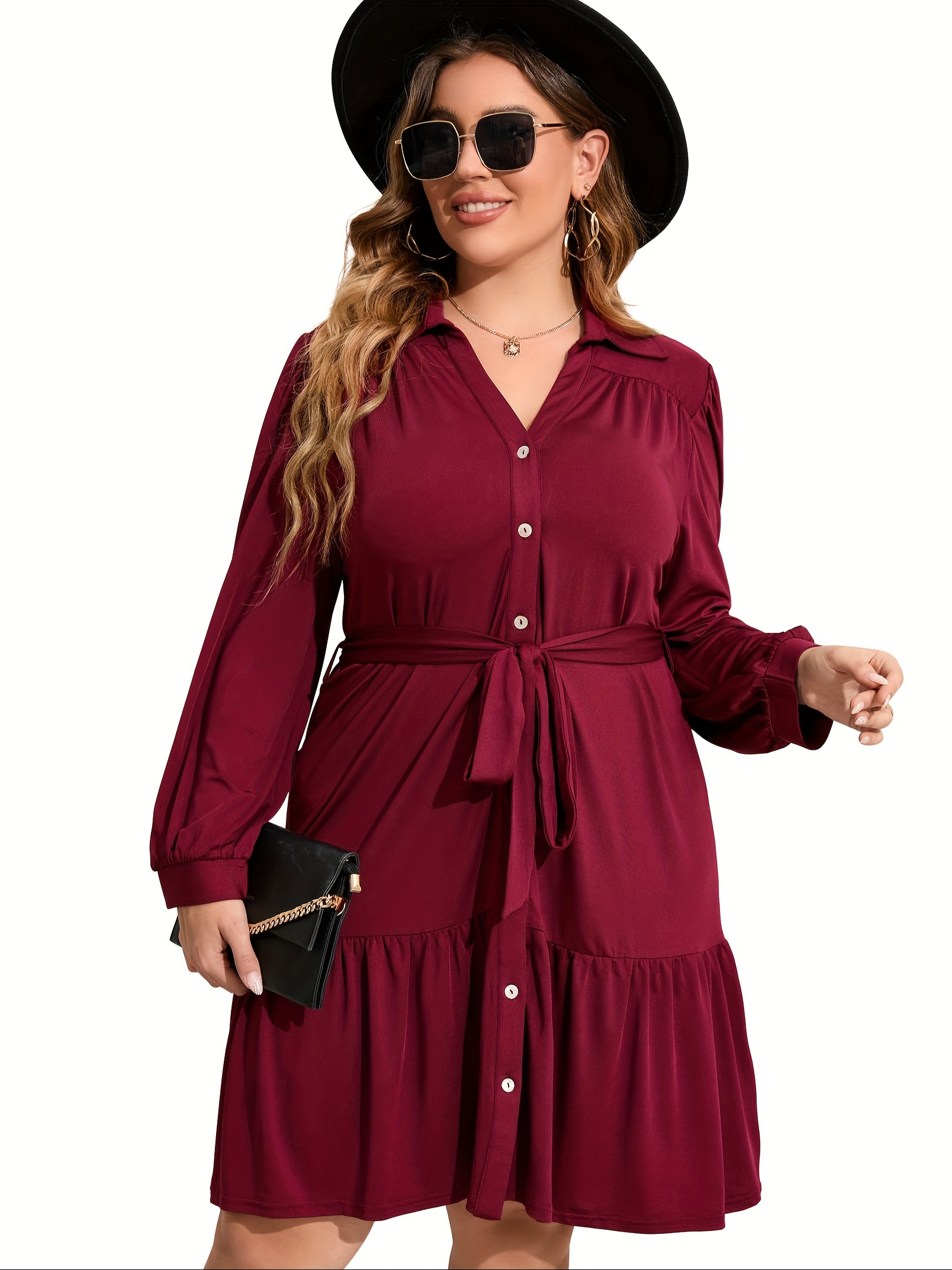 plus size button front shirt dress casual belted v neck long sleeve ruffle hem dress womens plus size clothing details 6