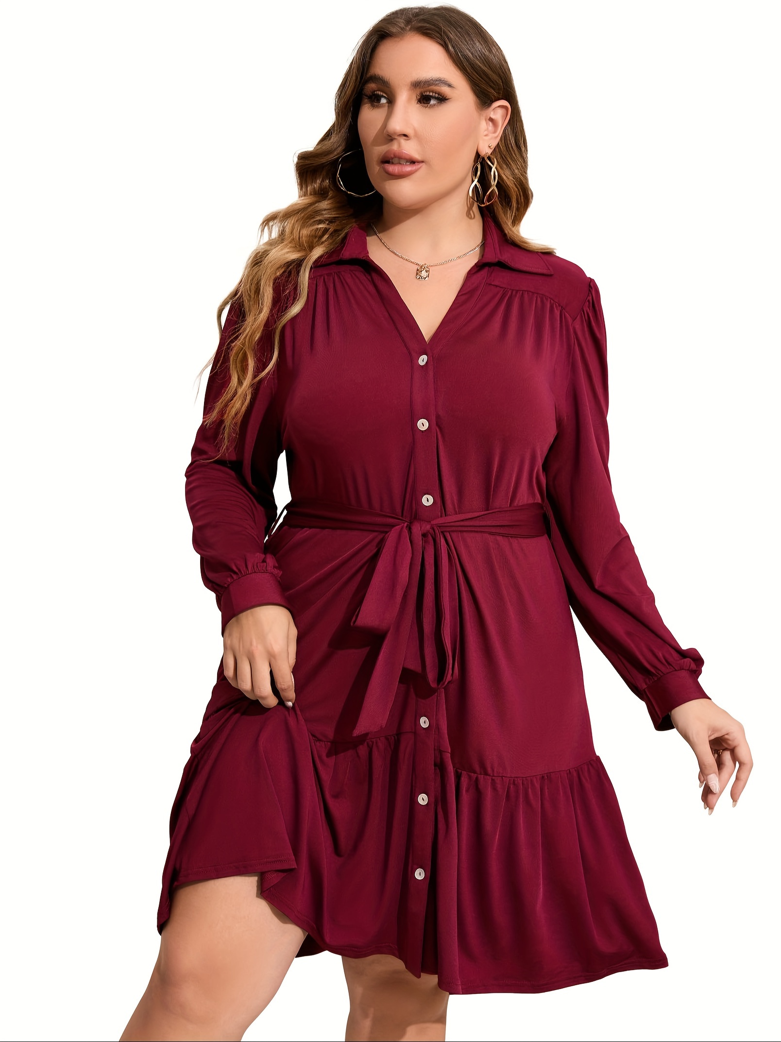 plus size button front shirt dress casual belted v neck long sleeve ruffle hem dress womens plus size clothing details 7