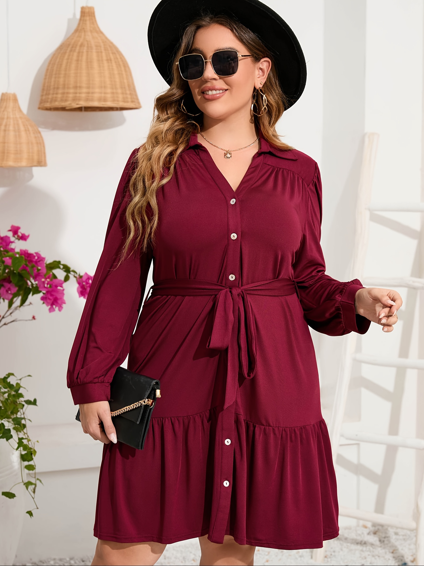 plus size button front shirt dress casual belted v neck long sleeve ruffle hem dress womens plus size clothing details 8