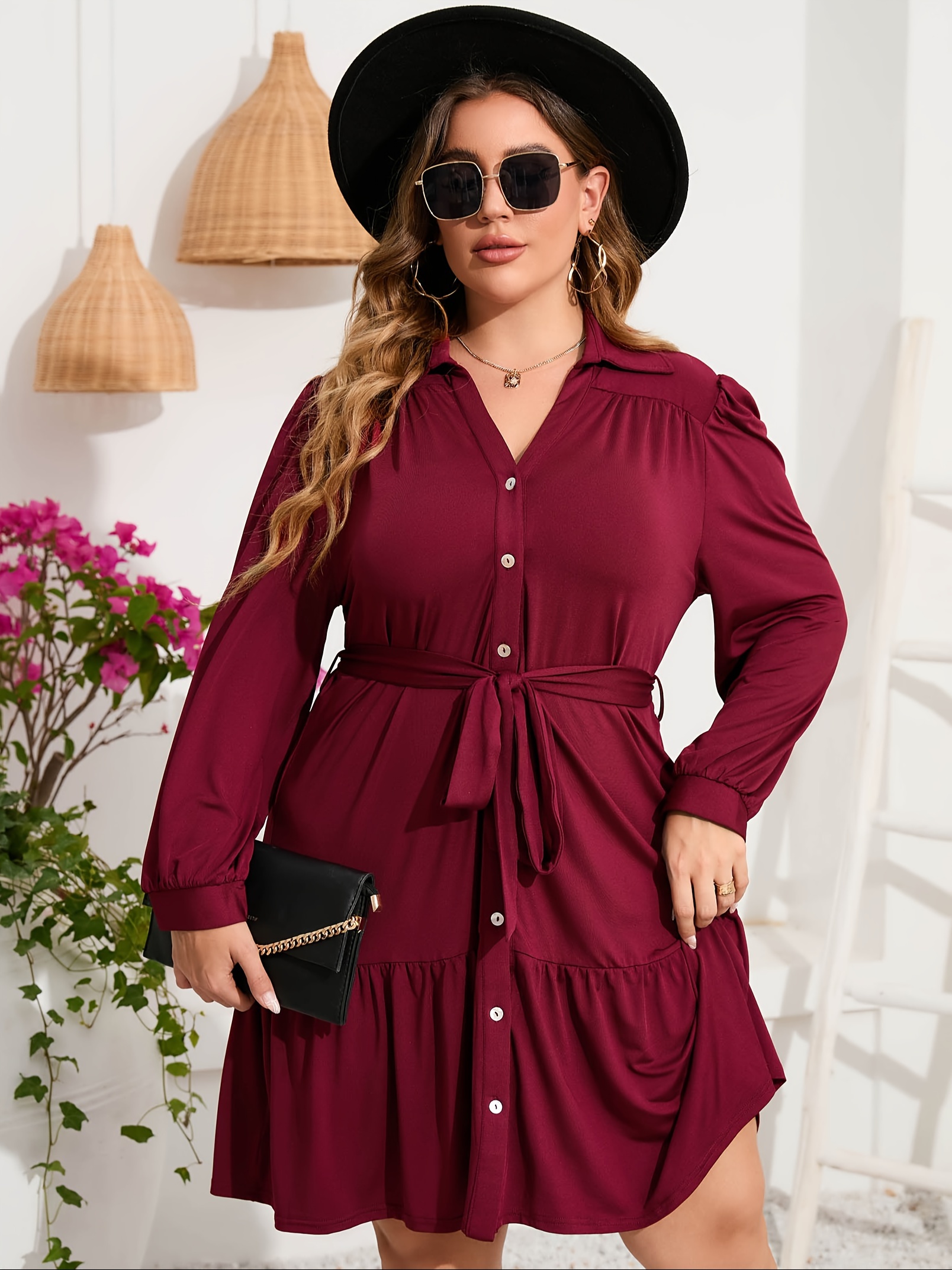 plus size button front shirt dress casual belted v neck long sleeve ruffle hem dress womens plus size clothing details 9