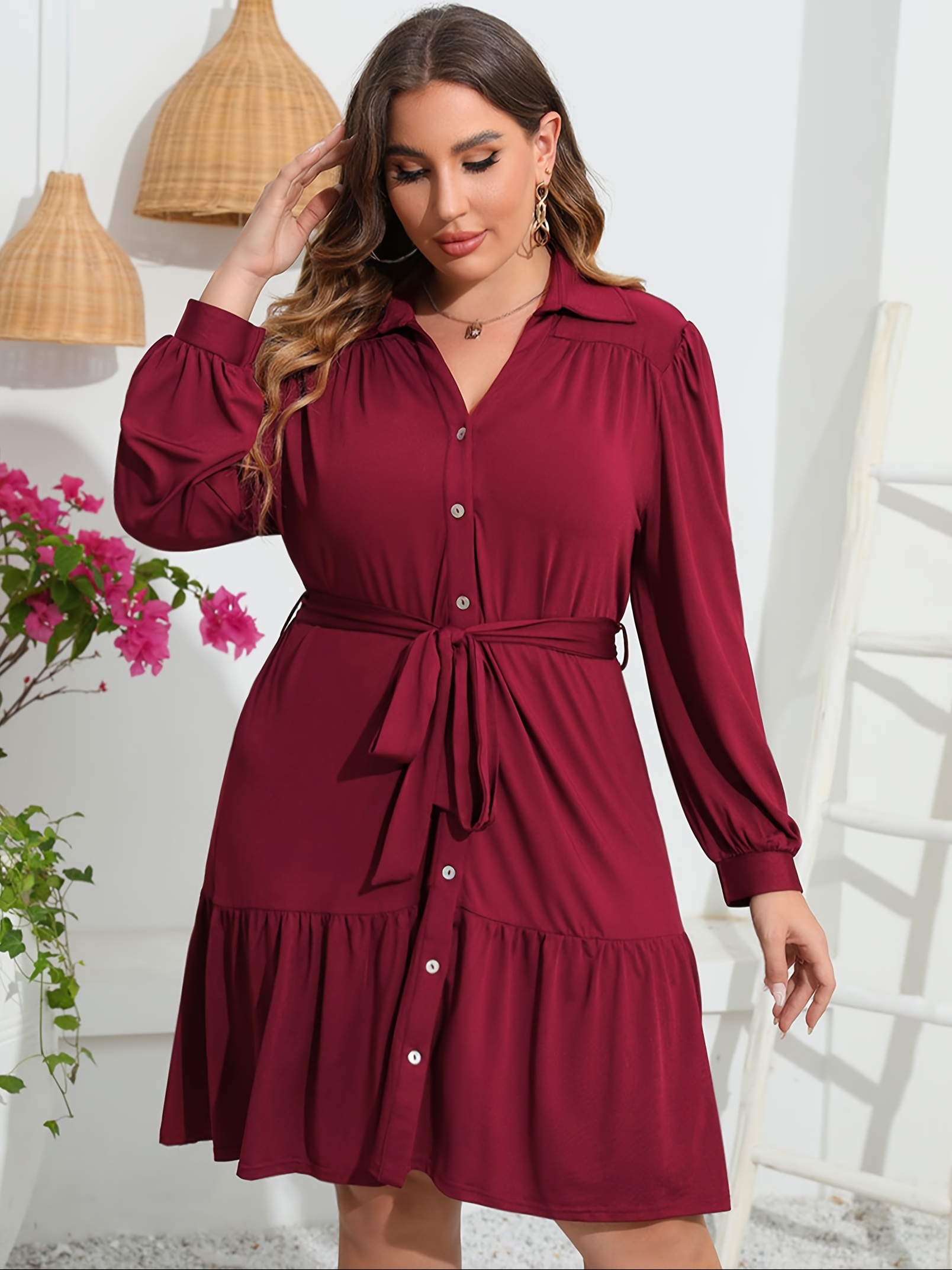 plus size button front shirt dress casual belted v neck long sleeve ruffle hem dress womens plus size clothing details 10