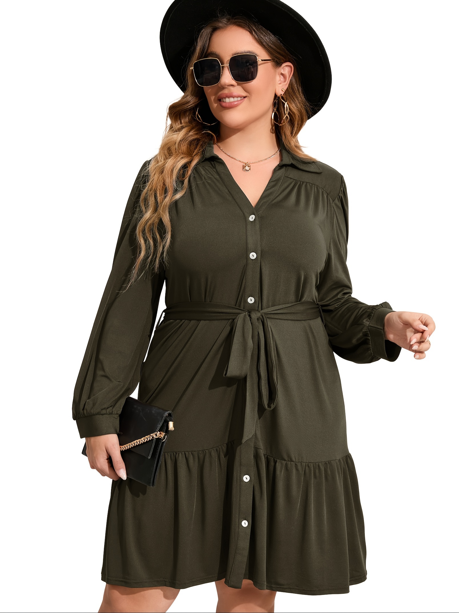 plus size button front shirt dress casual belted v neck long sleeve ruffle hem dress womens plus size clothing details 11