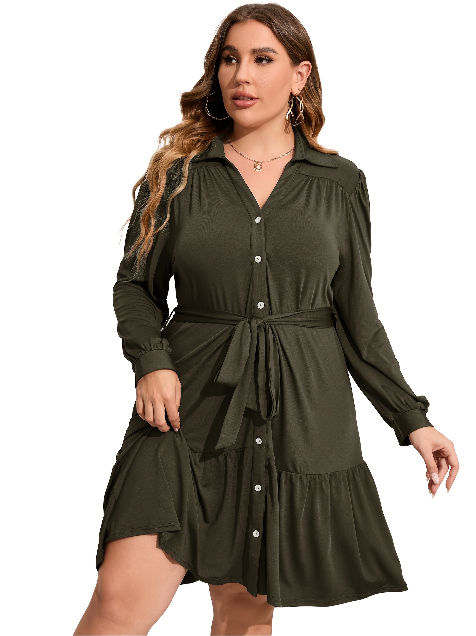 plus size button front shirt dress casual belted v neck long sleeve ruffle hem dress womens plus size clothing details 12