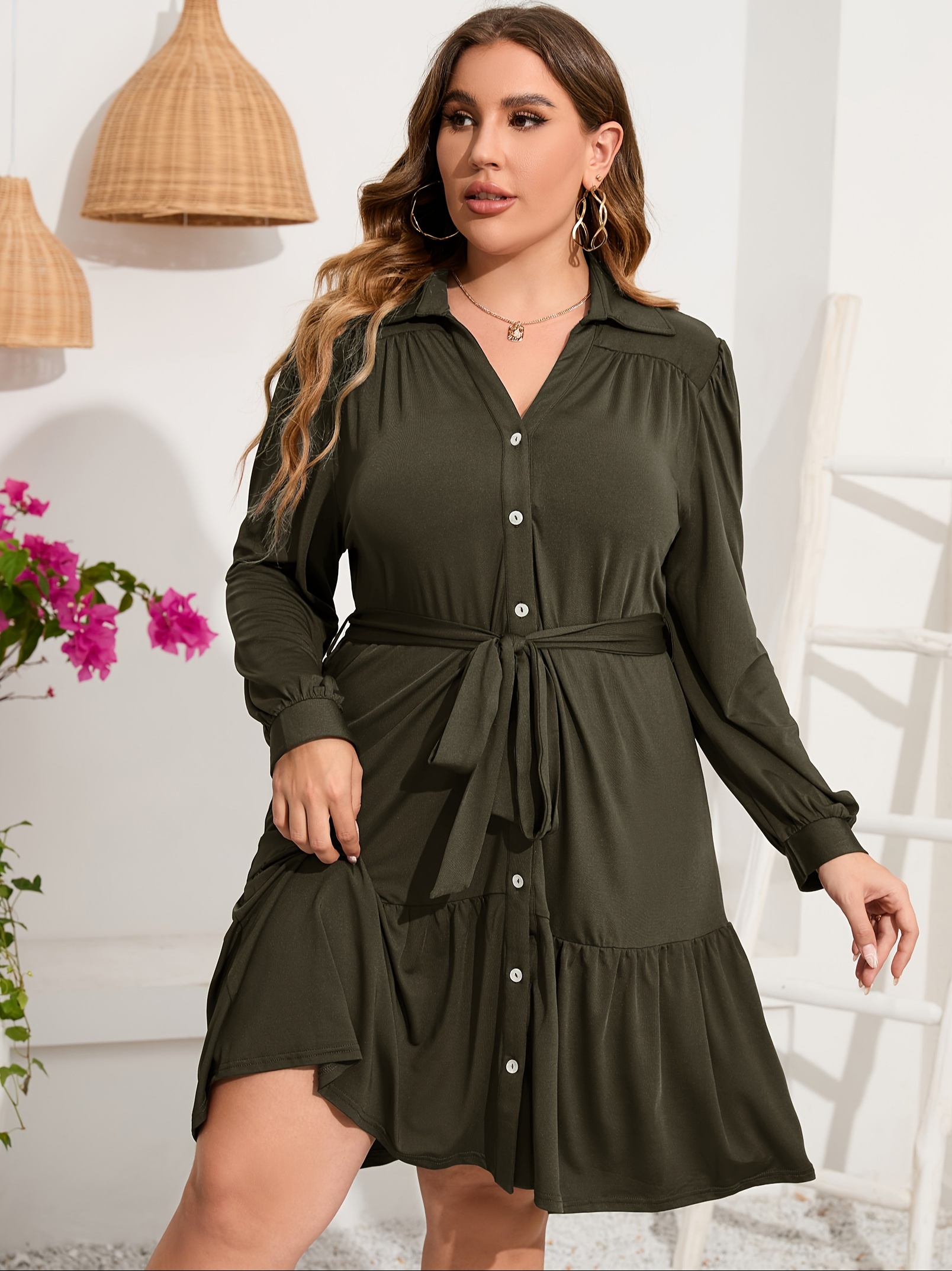 plus size button front shirt dress casual belted v neck long sleeve ruffle hem dress womens plus size clothing details 14