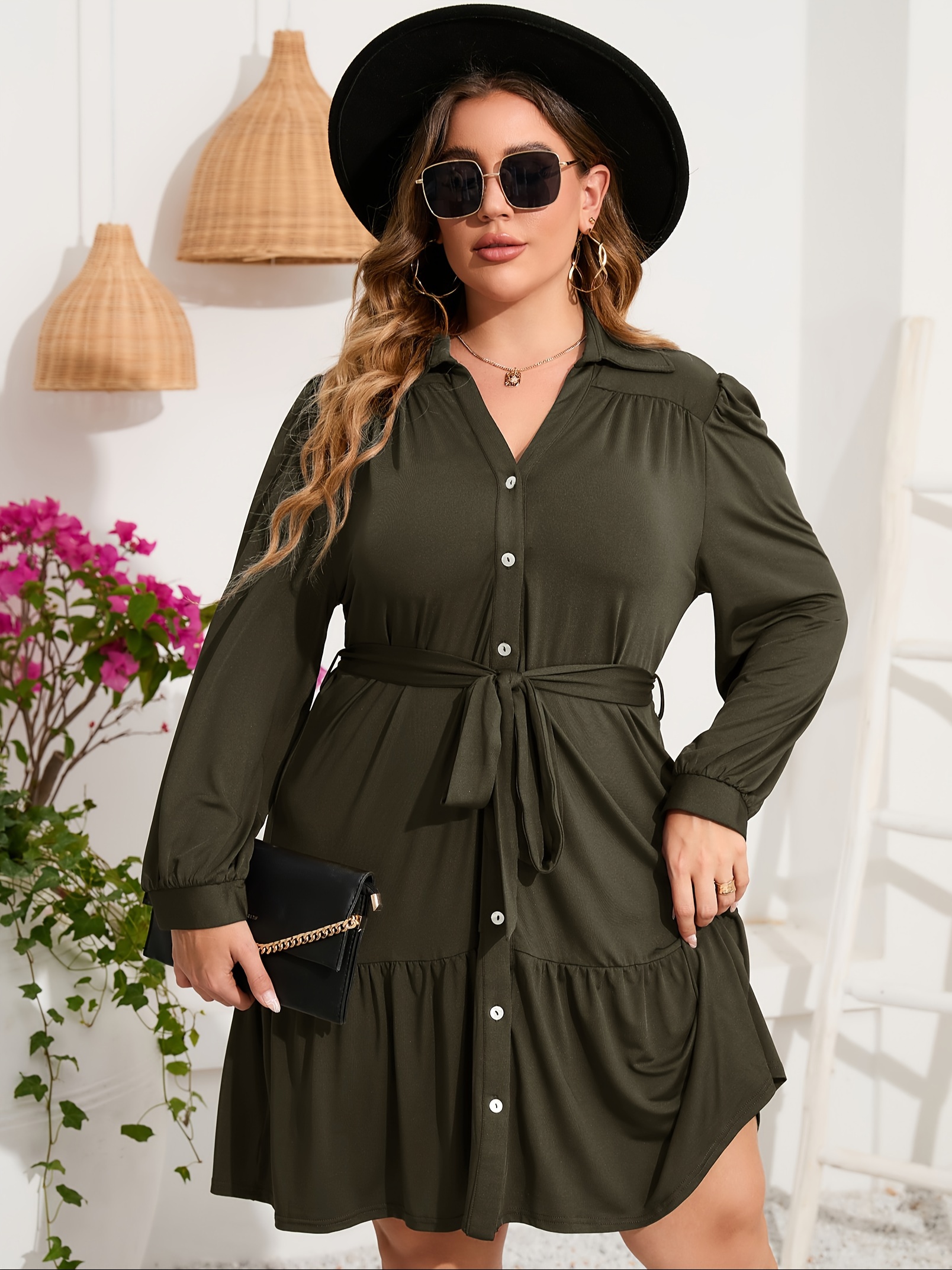 plus size button front shirt dress casual belted v neck long sleeve ruffle hem dress womens plus size clothing details 15