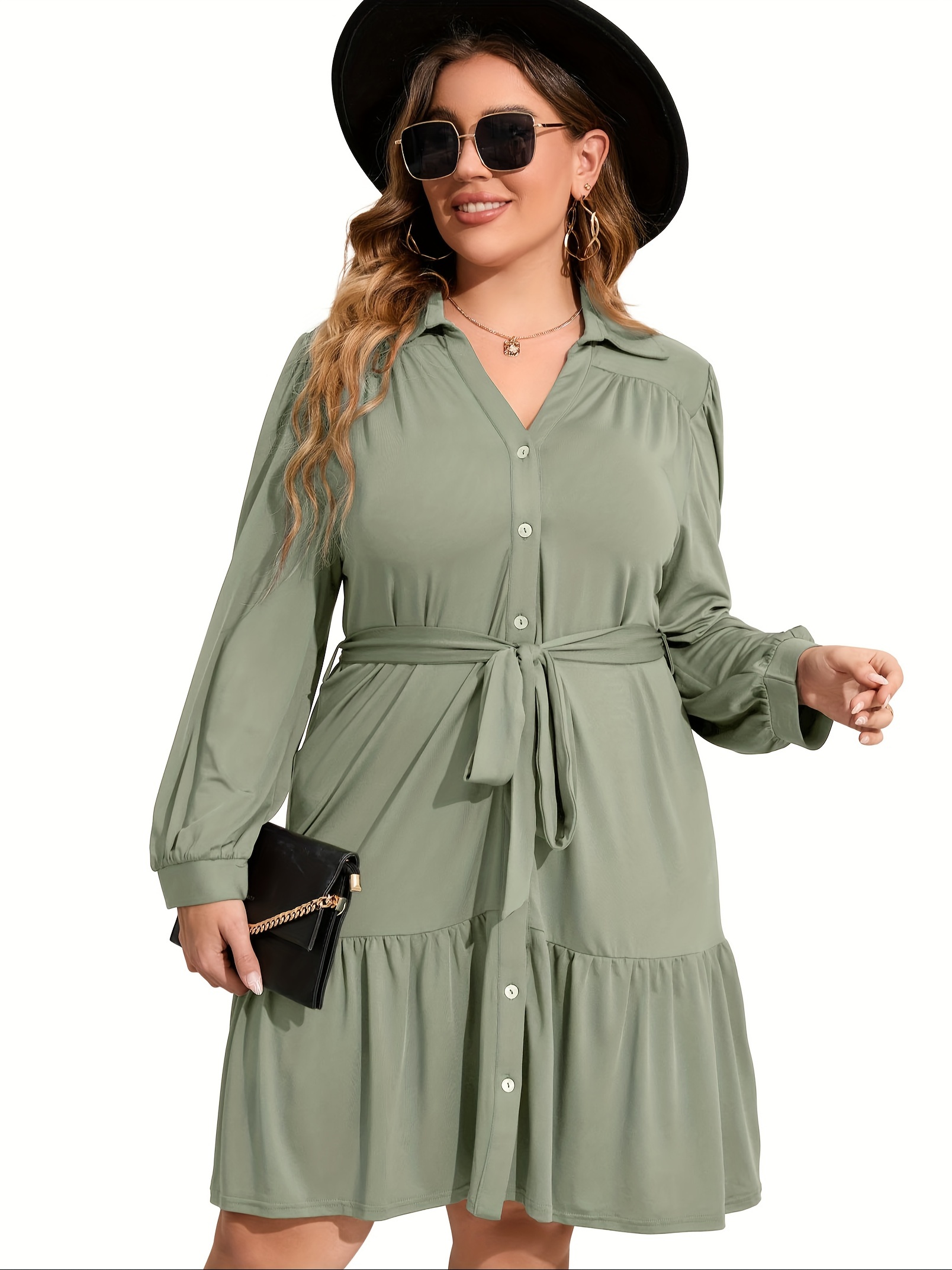 plus size button front shirt dress casual belted v neck long sleeve ruffle hem dress womens plus size clothing details 16