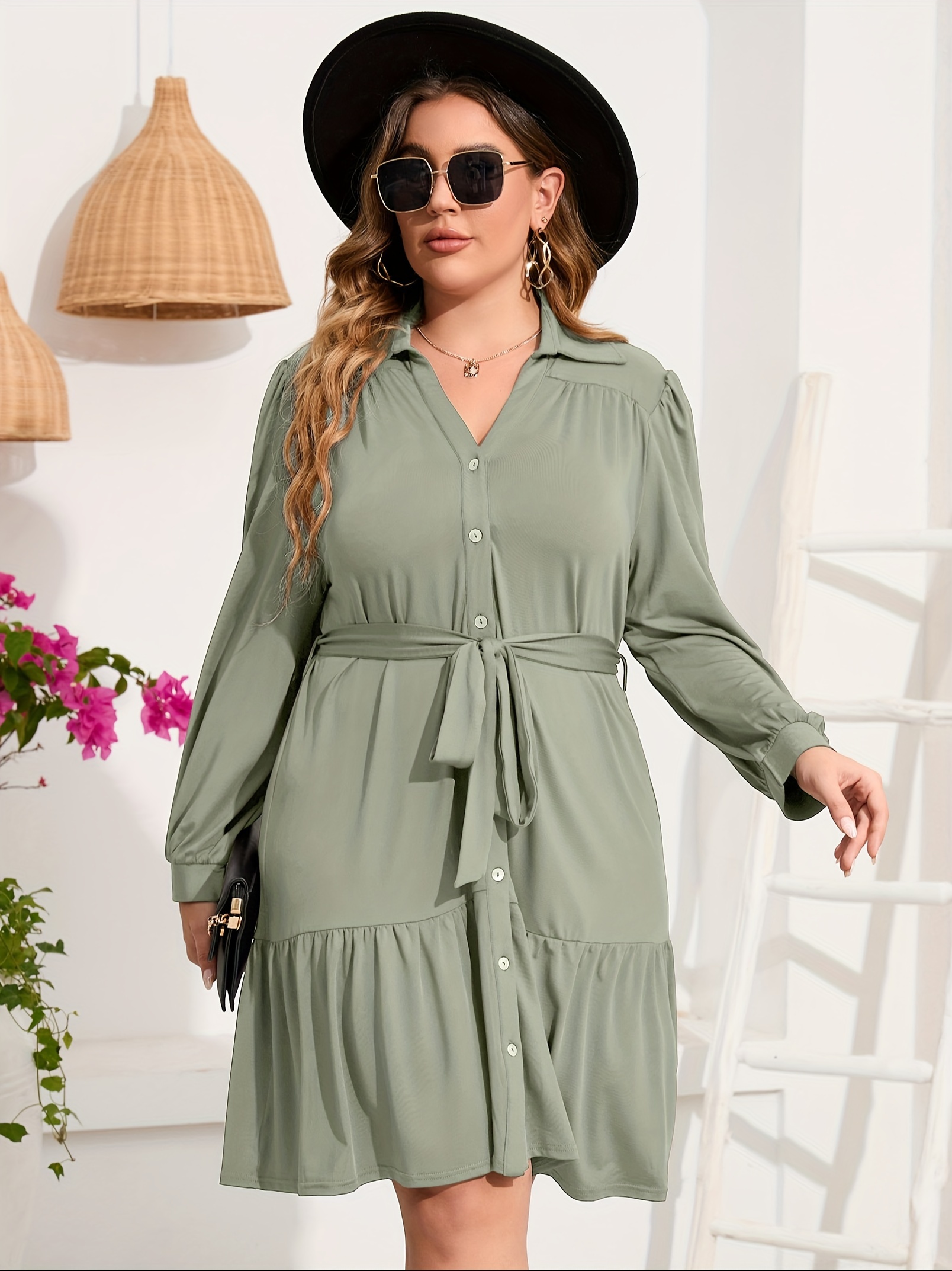 plus size button front shirt dress casual belted v neck long sleeve ruffle hem dress womens plus size clothing details 17