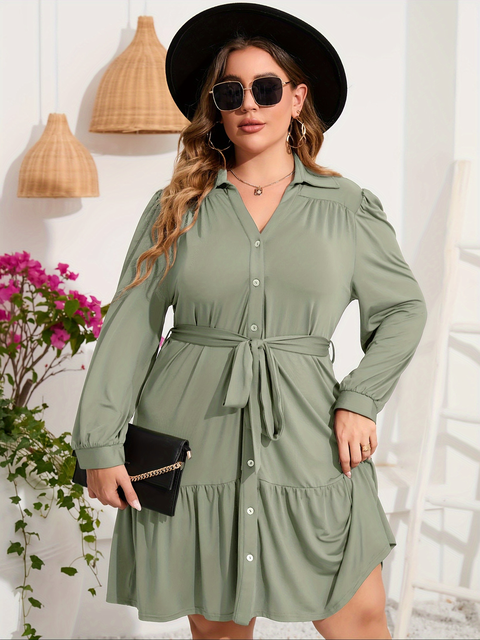 plus size button front shirt dress casual belted v neck long sleeve ruffle hem dress womens plus size clothing details 18