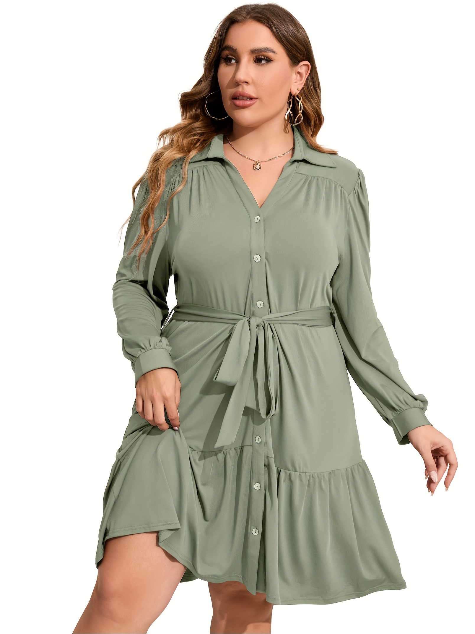 plus size button front shirt dress casual belted v neck long sleeve ruffle hem dress womens plus size clothing details 20