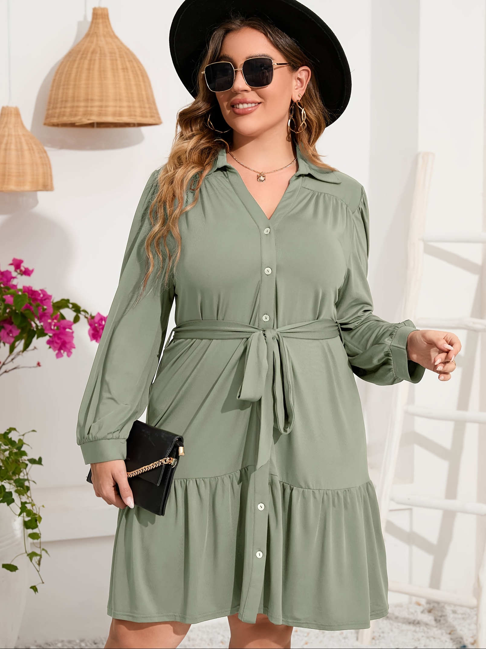 plus size button front shirt dress casual belted v neck long sleeve ruffle hem dress womens plus size clothing details 21