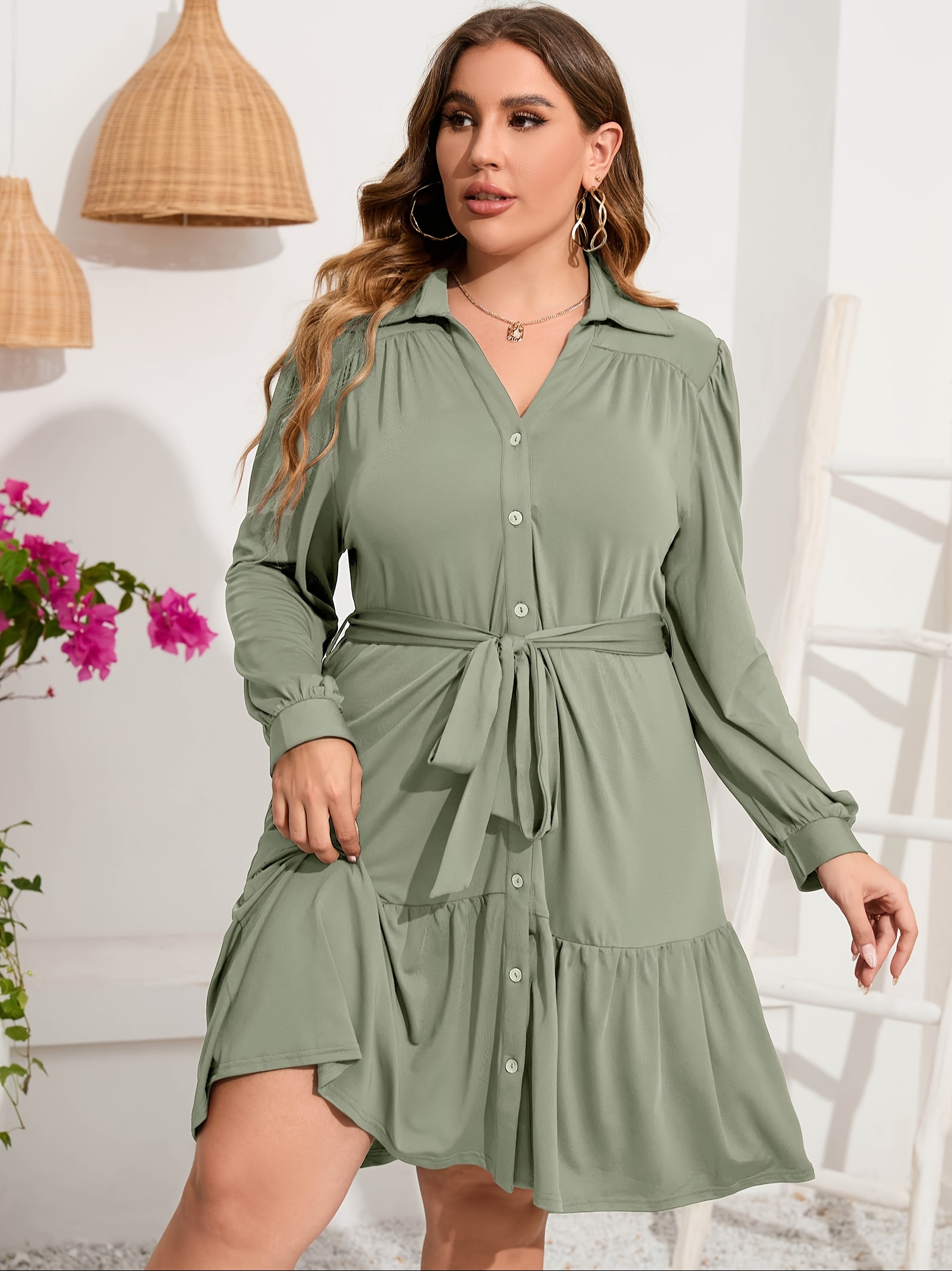 plus size button front shirt dress casual belted v neck long sleeve ruffle hem dress womens plus size clothing details 22