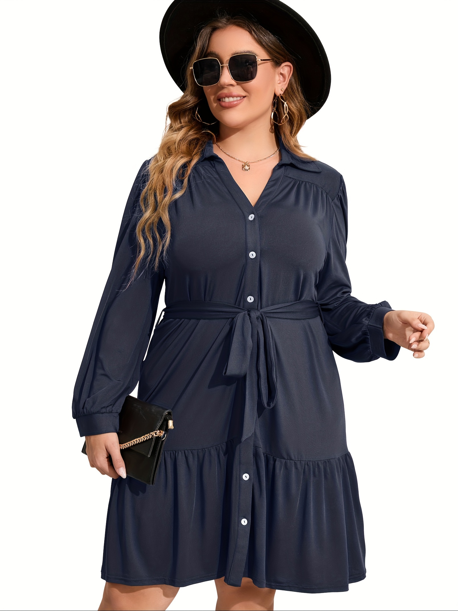 plus size button front shirt dress casual belted v neck long sleeve ruffle hem dress womens plus size clothing details 23