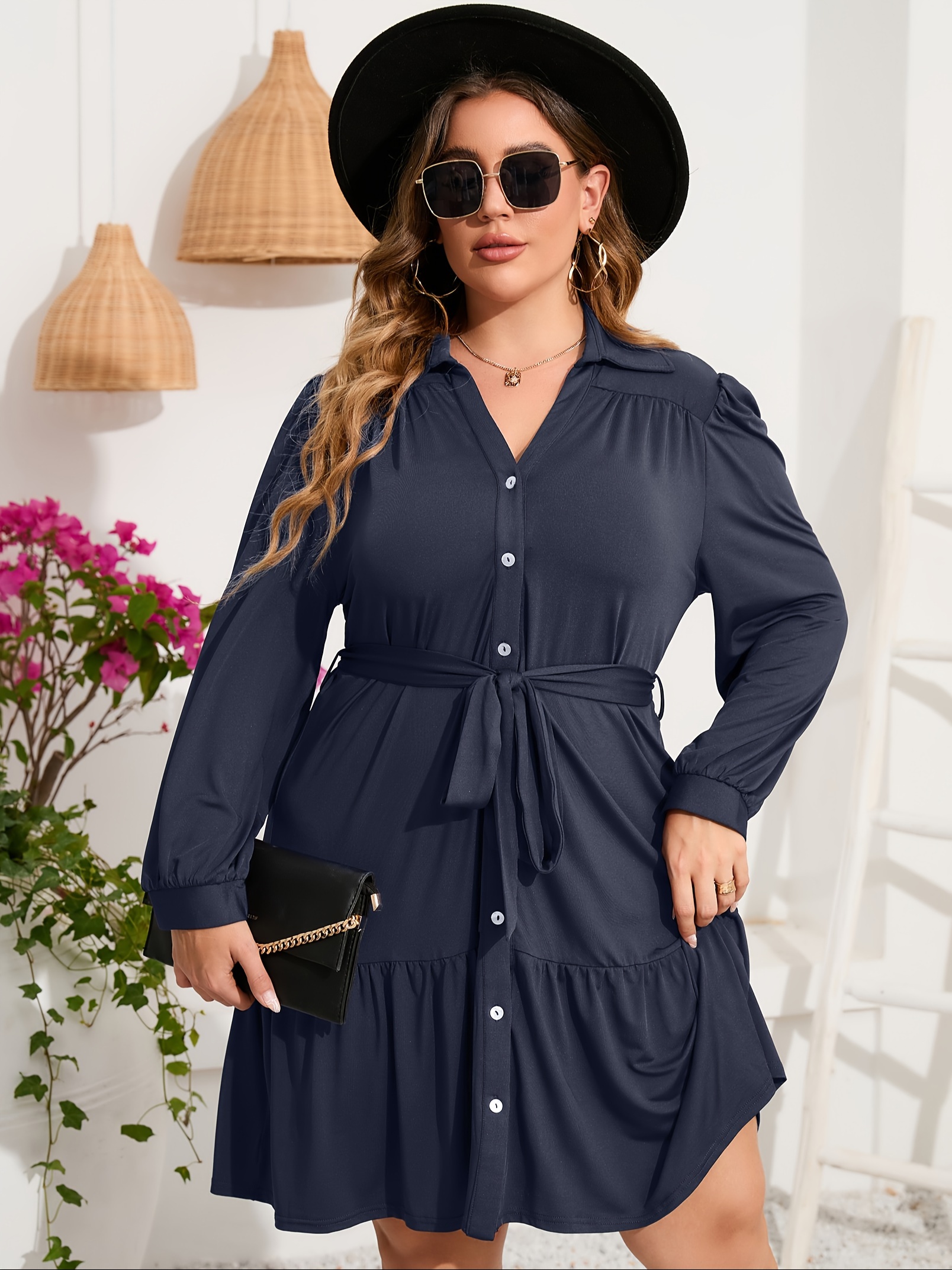 plus size button front shirt dress casual belted v neck long sleeve ruffle hem dress womens plus size clothing details 25