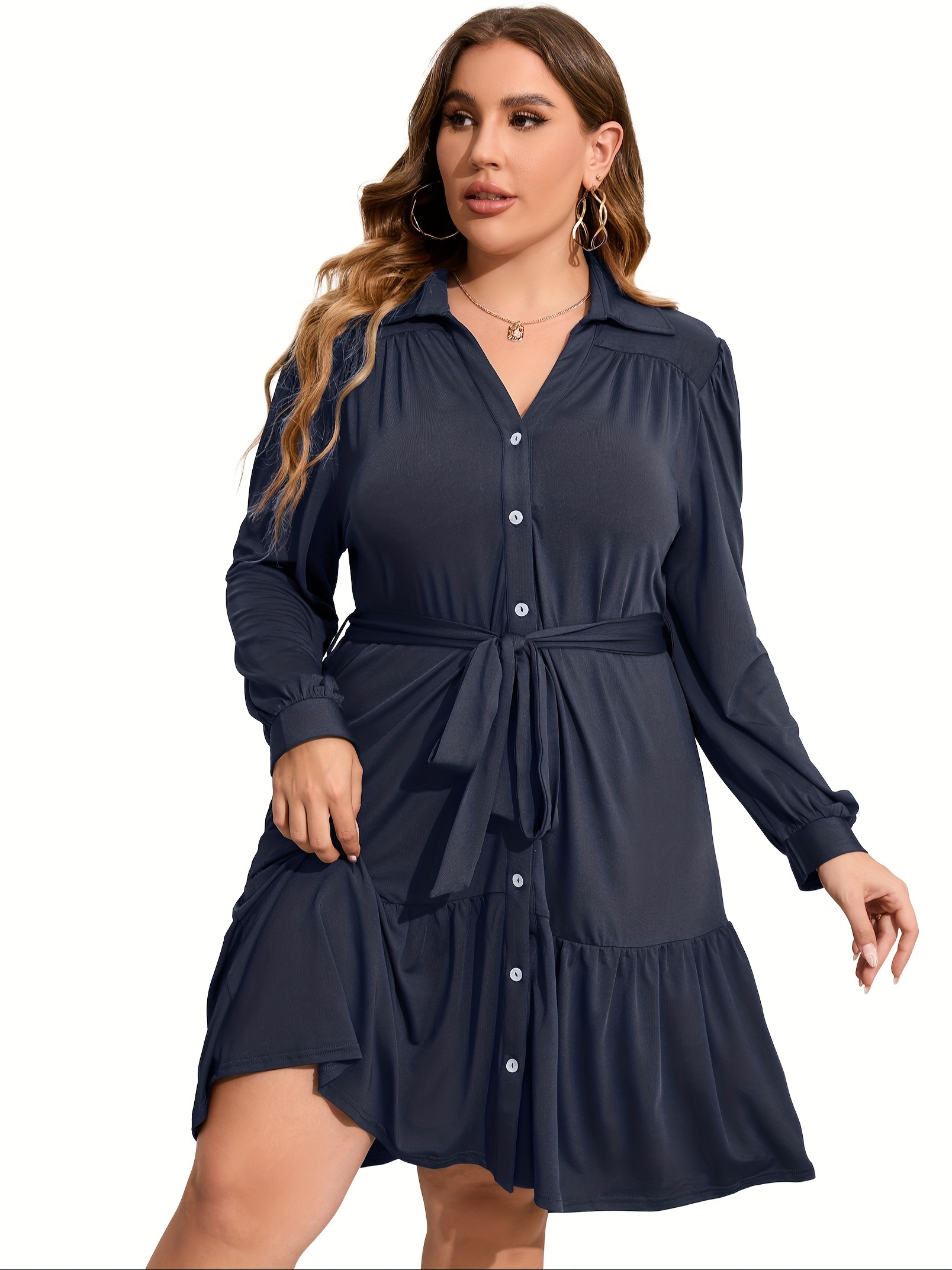 plus size button front shirt dress casual belted v neck long sleeve ruffle hem dress womens plus size clothing details 26