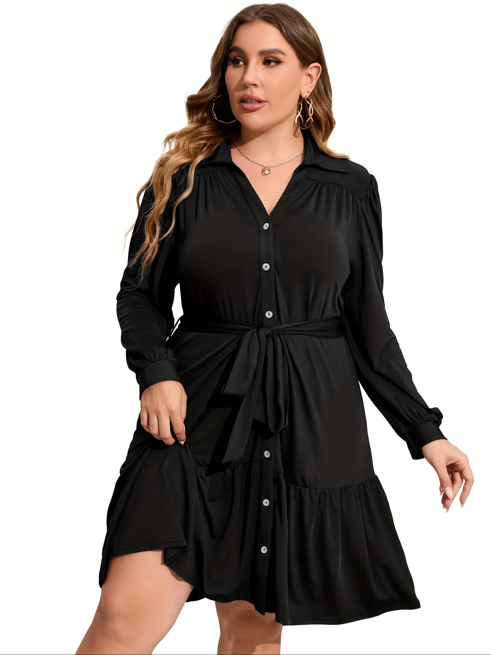 plus size button front shirt dress casual belted v neck long sleeve ruffle hem dress womens plus size clothing details 29