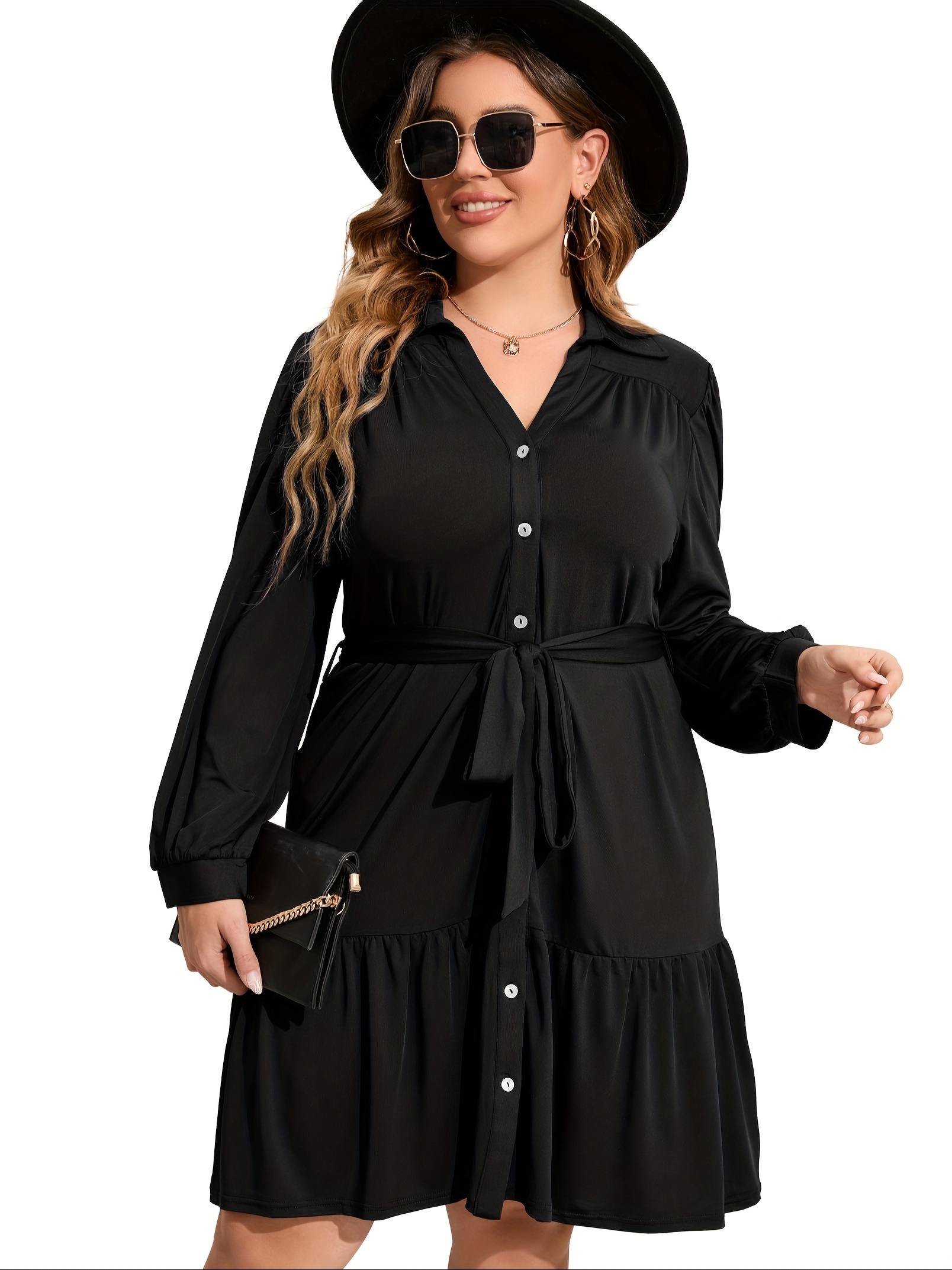 plus size button front shirt dress casual belted v neck long sleeve ruffle hem dress womens plus size clothing details 30