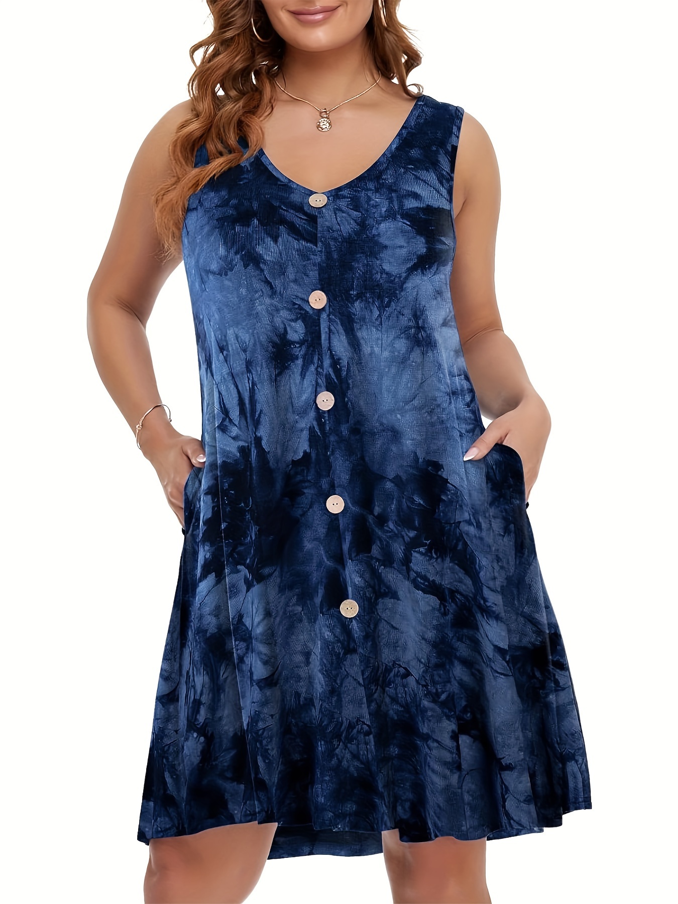 plus size tie dye pocket dress vacation style button front sleeveless v neck dress for spring summer womens plus size clothing details 5