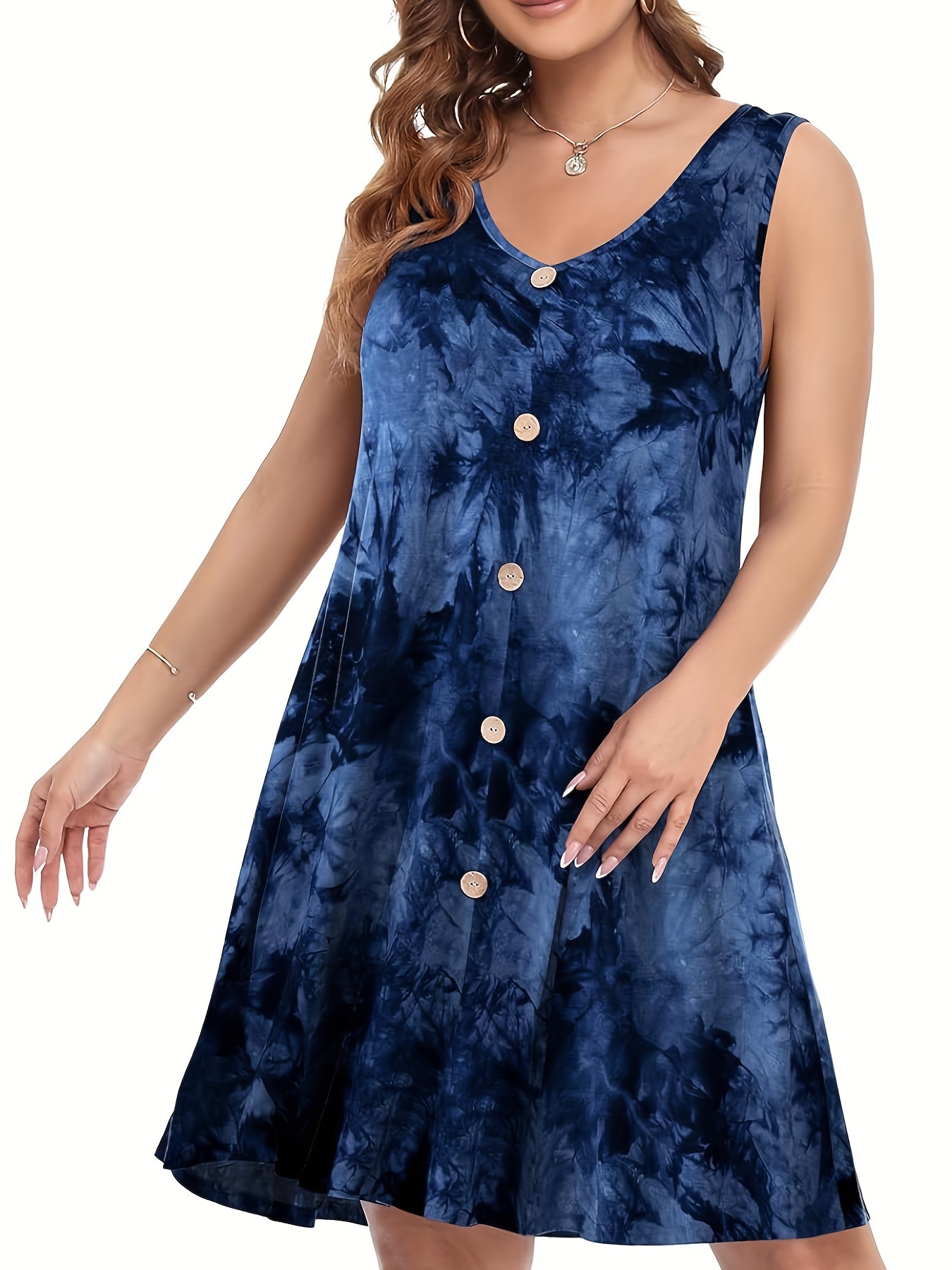 plus size tie dye pocket dress vacation style button front sleeveless v neck dress for spring summer womens plus size clothing details 7