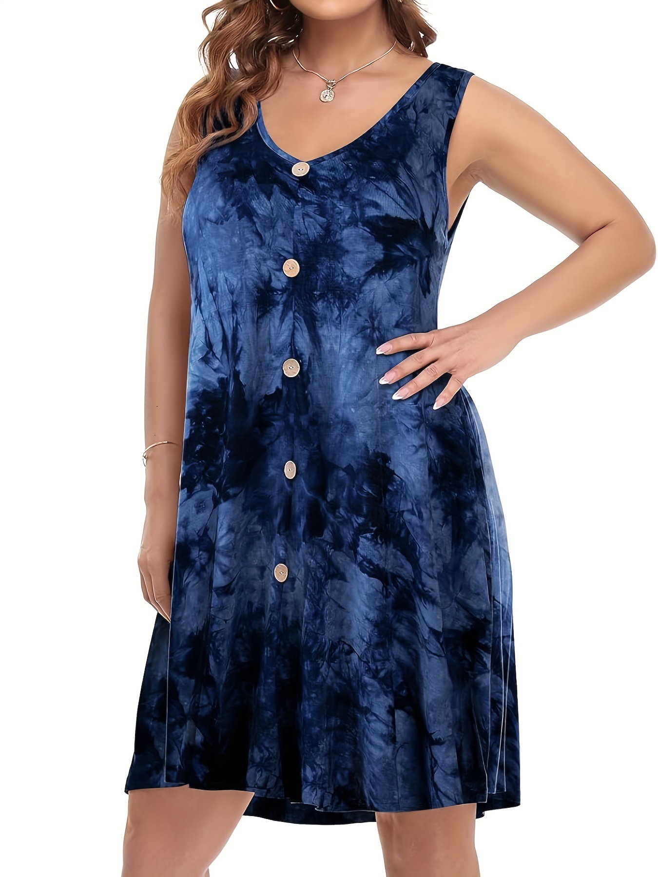 plus size tie dye pocket dress vacation style button front sleeveless v neck dress for spring summer womens plus size clothing details 9