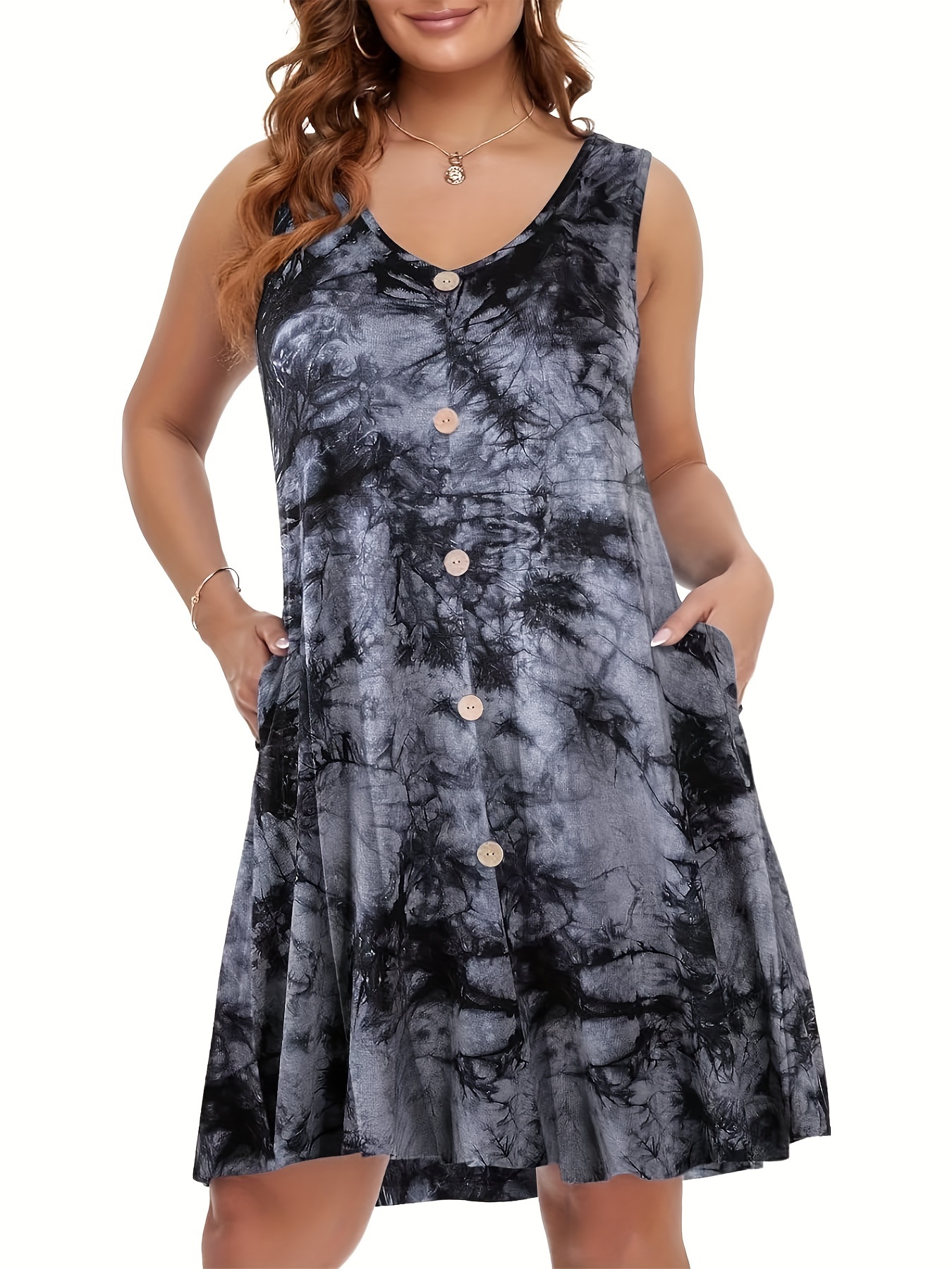 plus size tie dye pocket dress vacation style button front sleeveless v neck dress for spring summer womens plus size clothing details 10