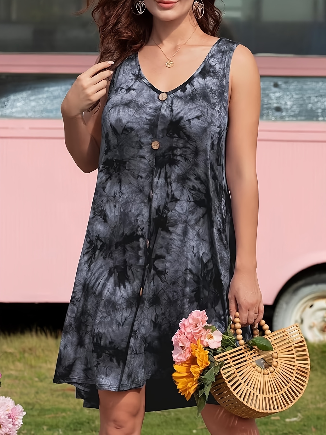 plus size tie dye pocket dress vacation style button front sleeveless v neck dress for spring summer womens plus size clothing details 13