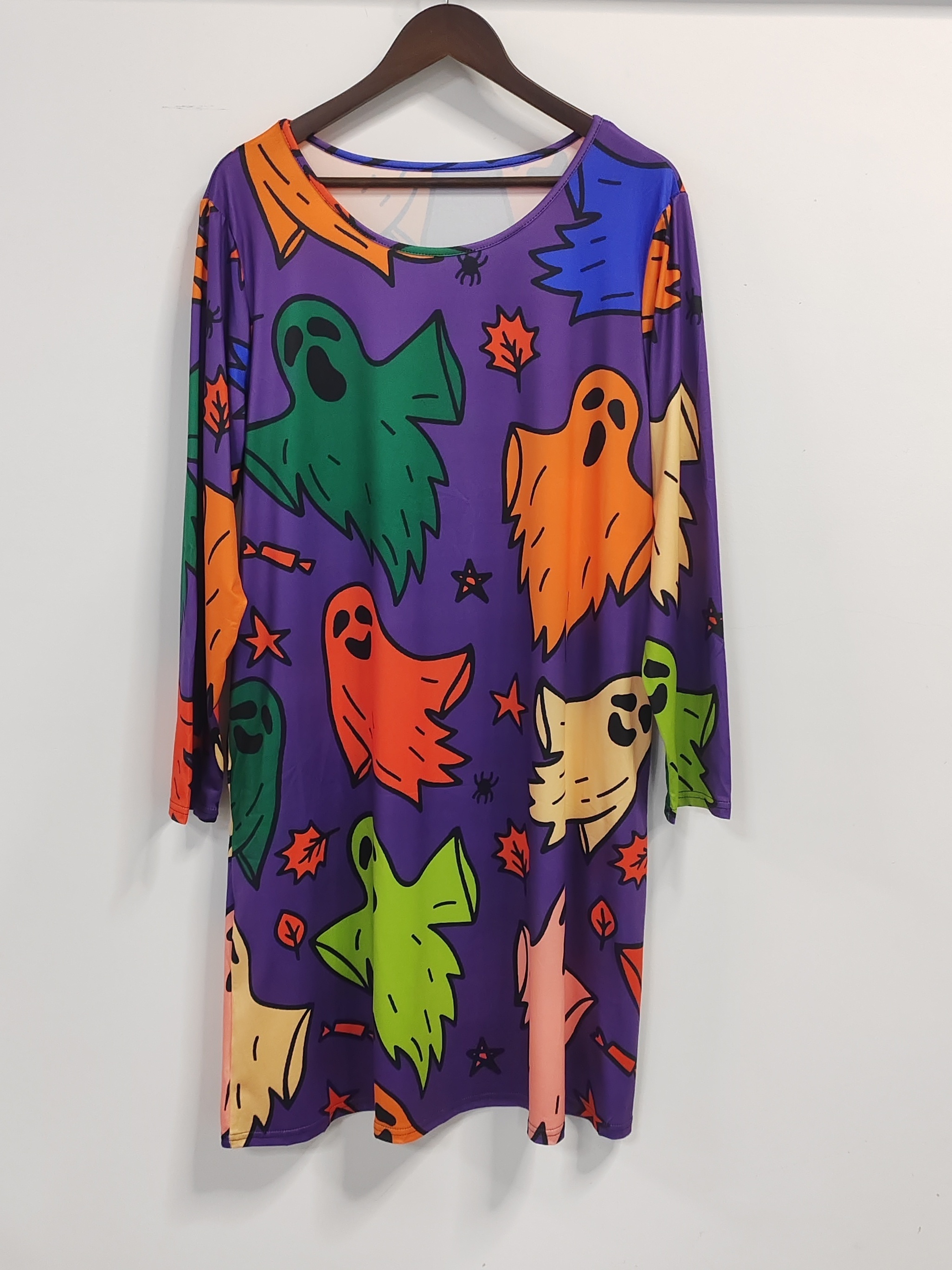 plus size halloween dress womens plus allover cute ghost print long sleeve round neck slight stretch tee dress with pockets details 0