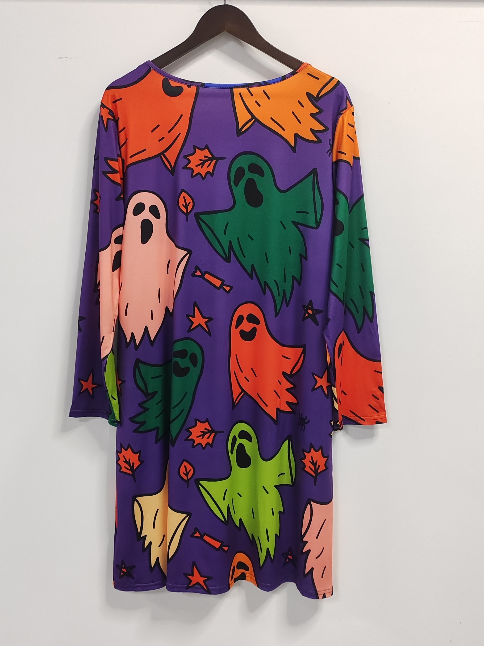 plus size halloween dress womens plus allover cute ghost print long sleeve round neck slight stretch tee dress with pockets details 2