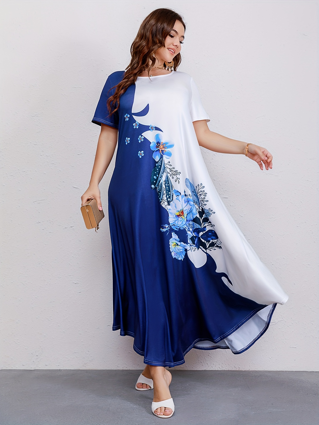 plus size casual dresss womens plus colorblock floral print short sleeve round neck maxi dress details 1