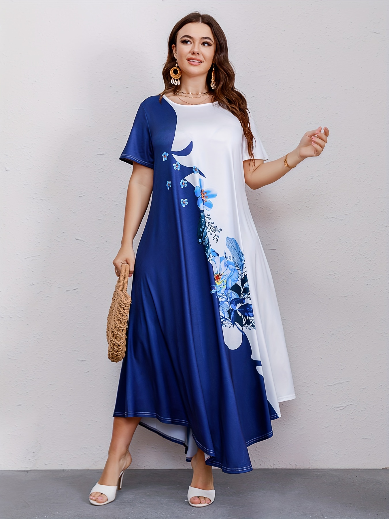 plus size casual dresss womens plus colorblock floral print short sleeve round neck maxi dress details 2