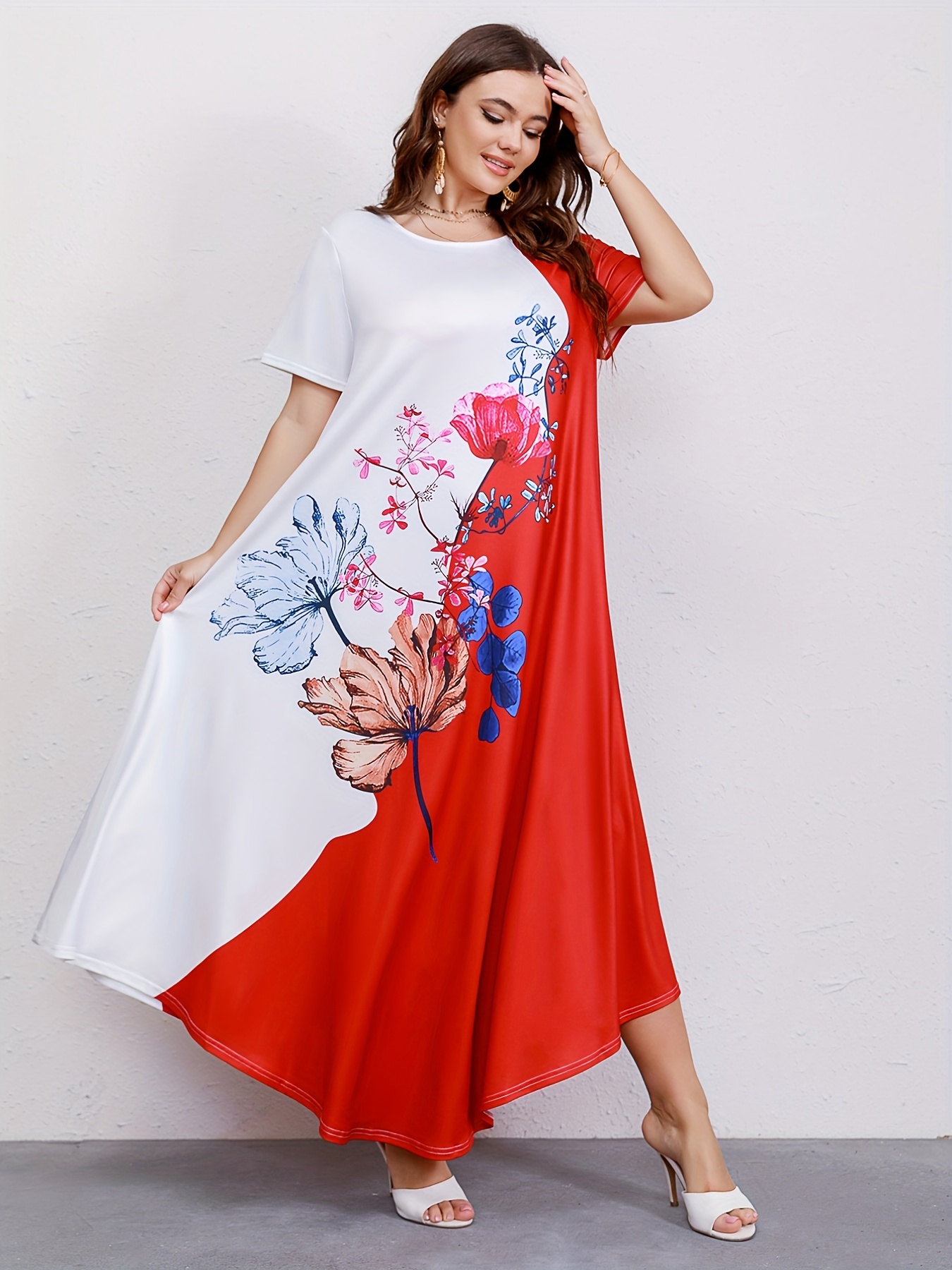 plus size casual dresss womens plus colorblock floral print short sleeve round neck maxi dress details 7