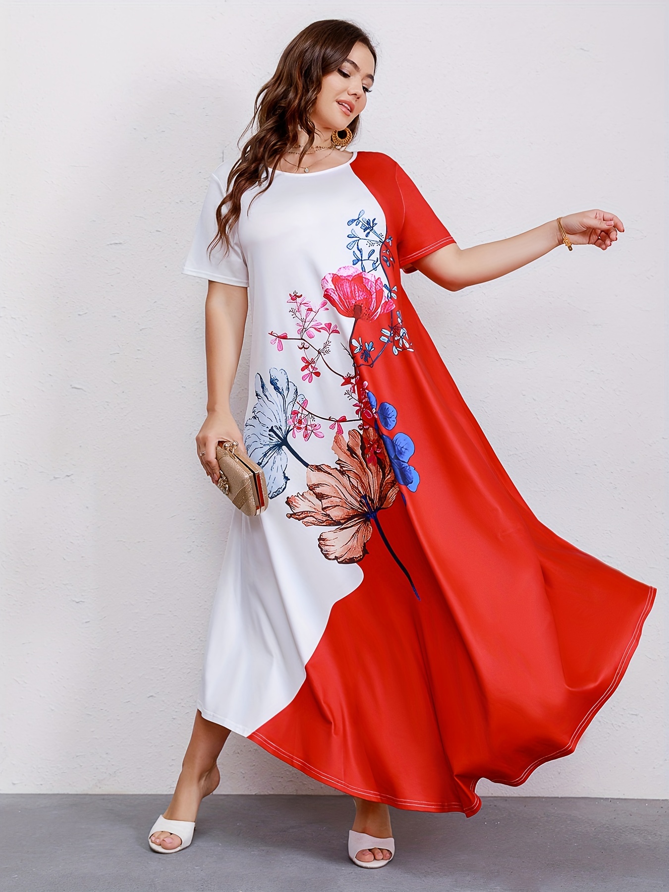 plus size casual dresss womens plus colorblock floral print short sleeve round neck maxi dress details 9