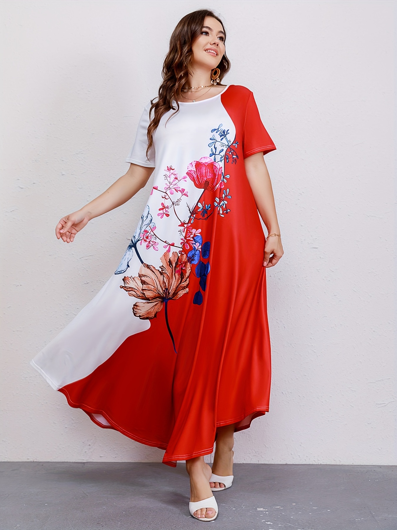 plus size casual dresss womens plus colorblock floral print short sleeve round neck maxi dress details 10