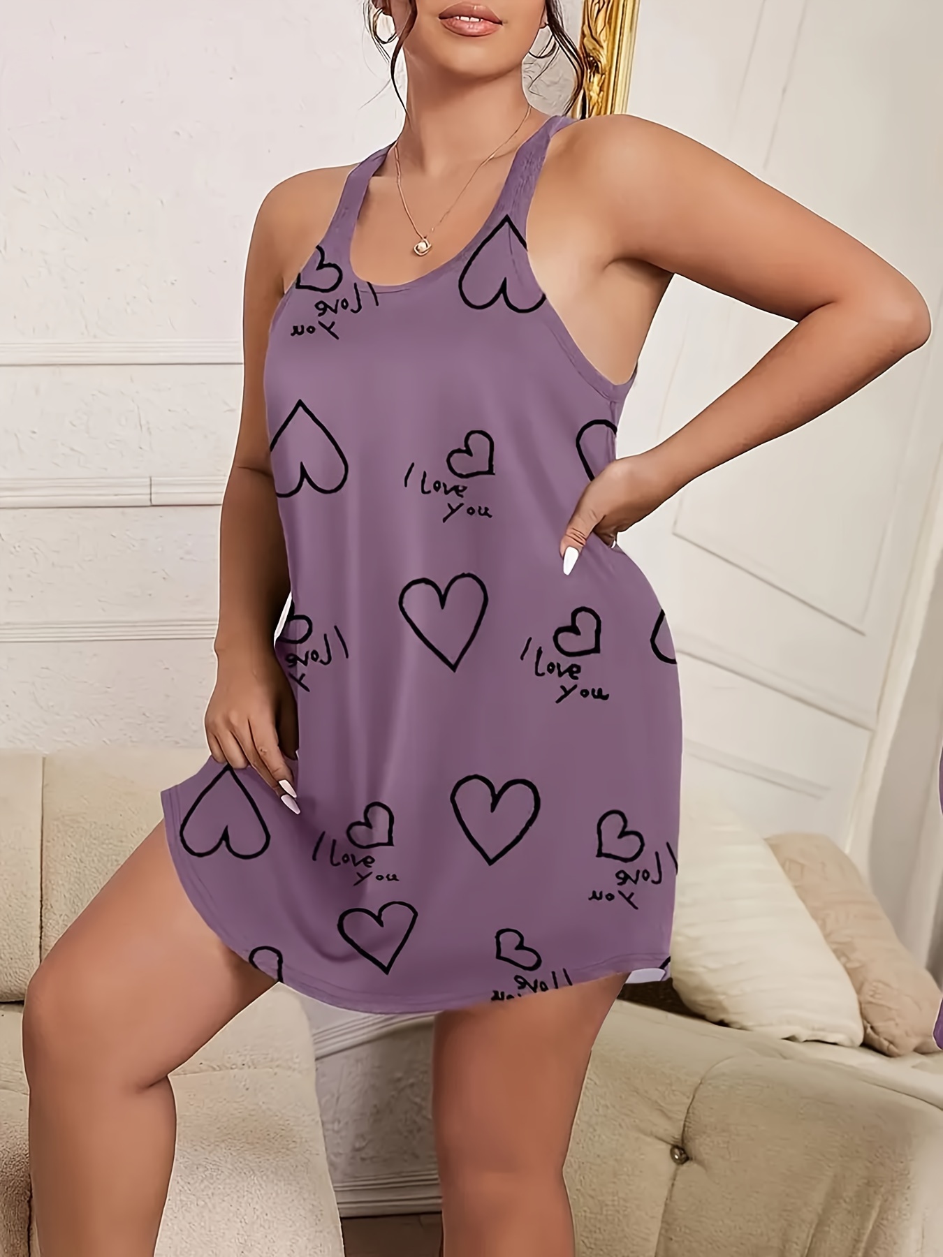 plus size heart print tank dress casual sleeveless dress for spring summer womens plus size clothing details 3